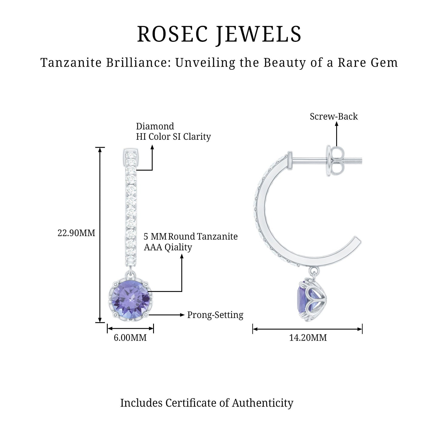 Natural 1 Carat Tanzanite Drop Hoop Earrings with Diamond