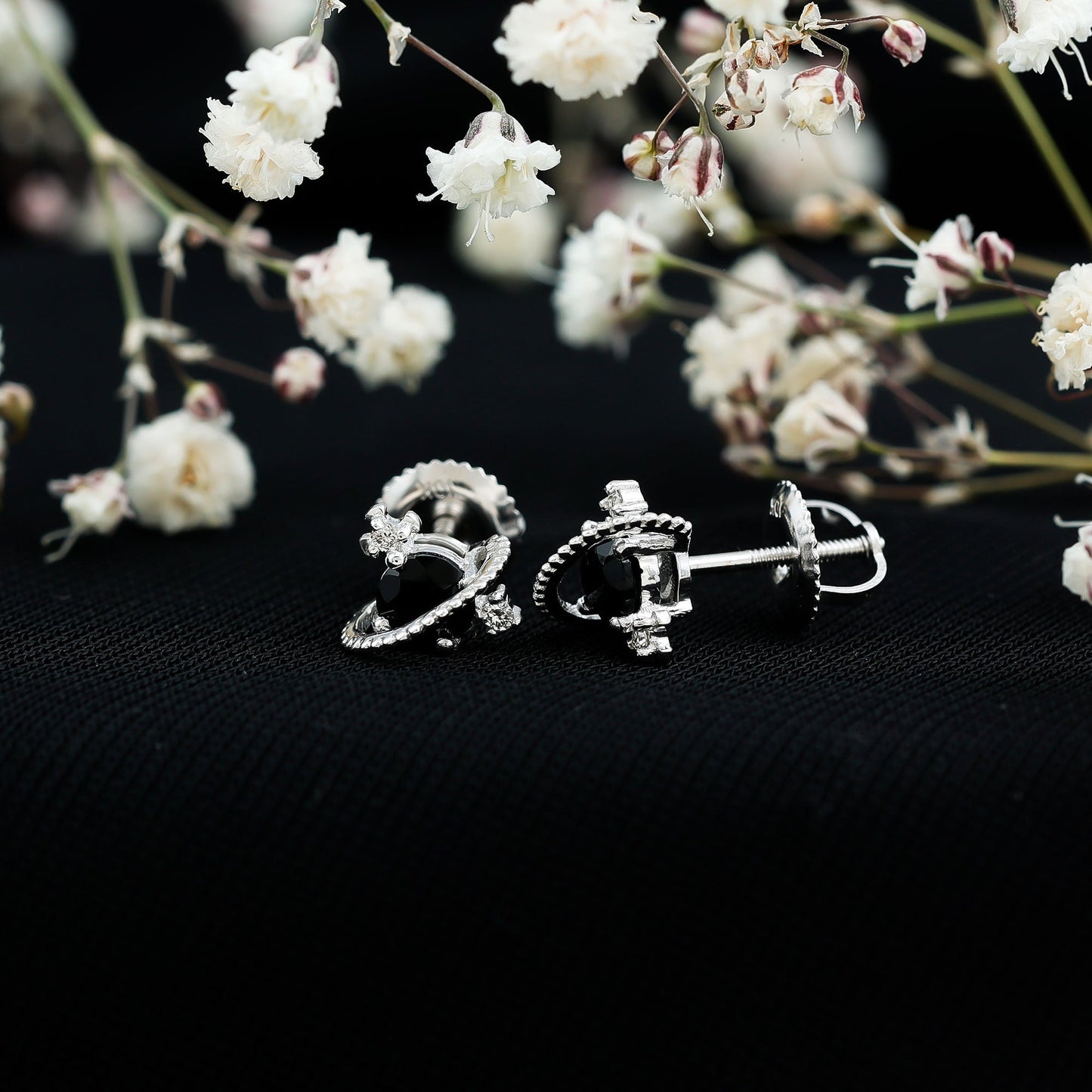Real Black Onyx and Diamond Contemporary Stud Earrings
