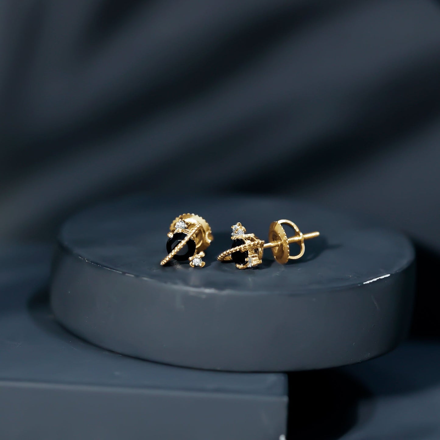 Real Black Onyx and Diamond Contemporary Stud Earrings