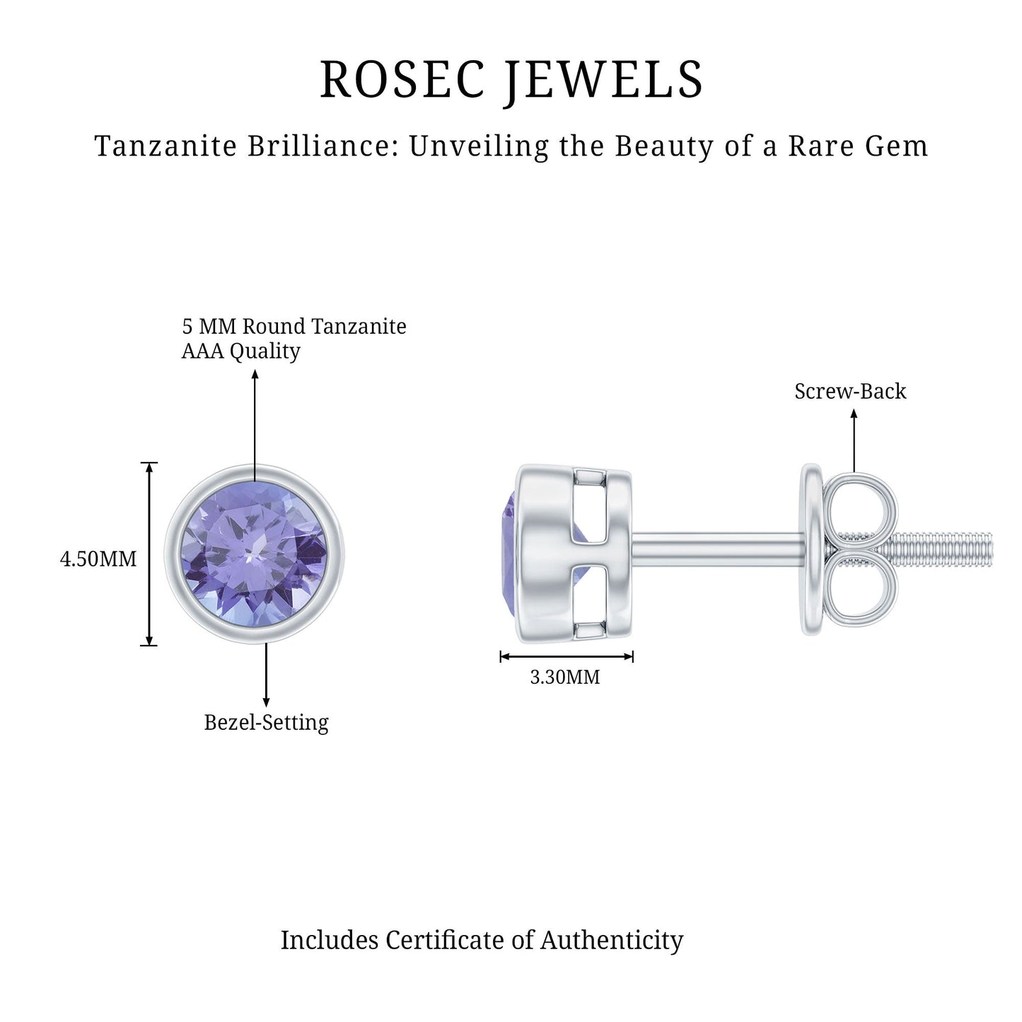 3/4 CT Blue Tanzanite Solitaire Gold Stud Earrings in Bezel Setting