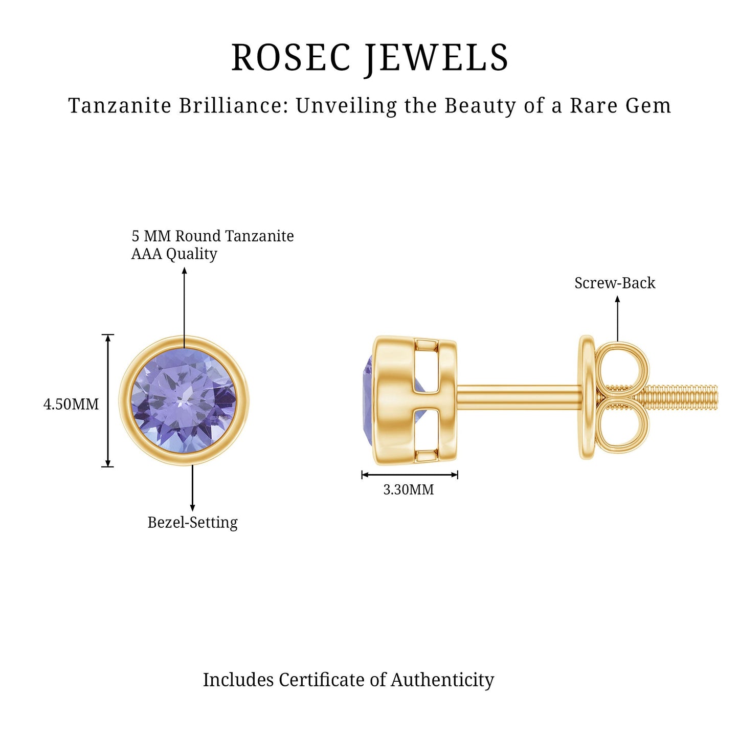 3/4 CT Blue Tanzanite Solitaire Gold Stud Earrings in Bezel Setting