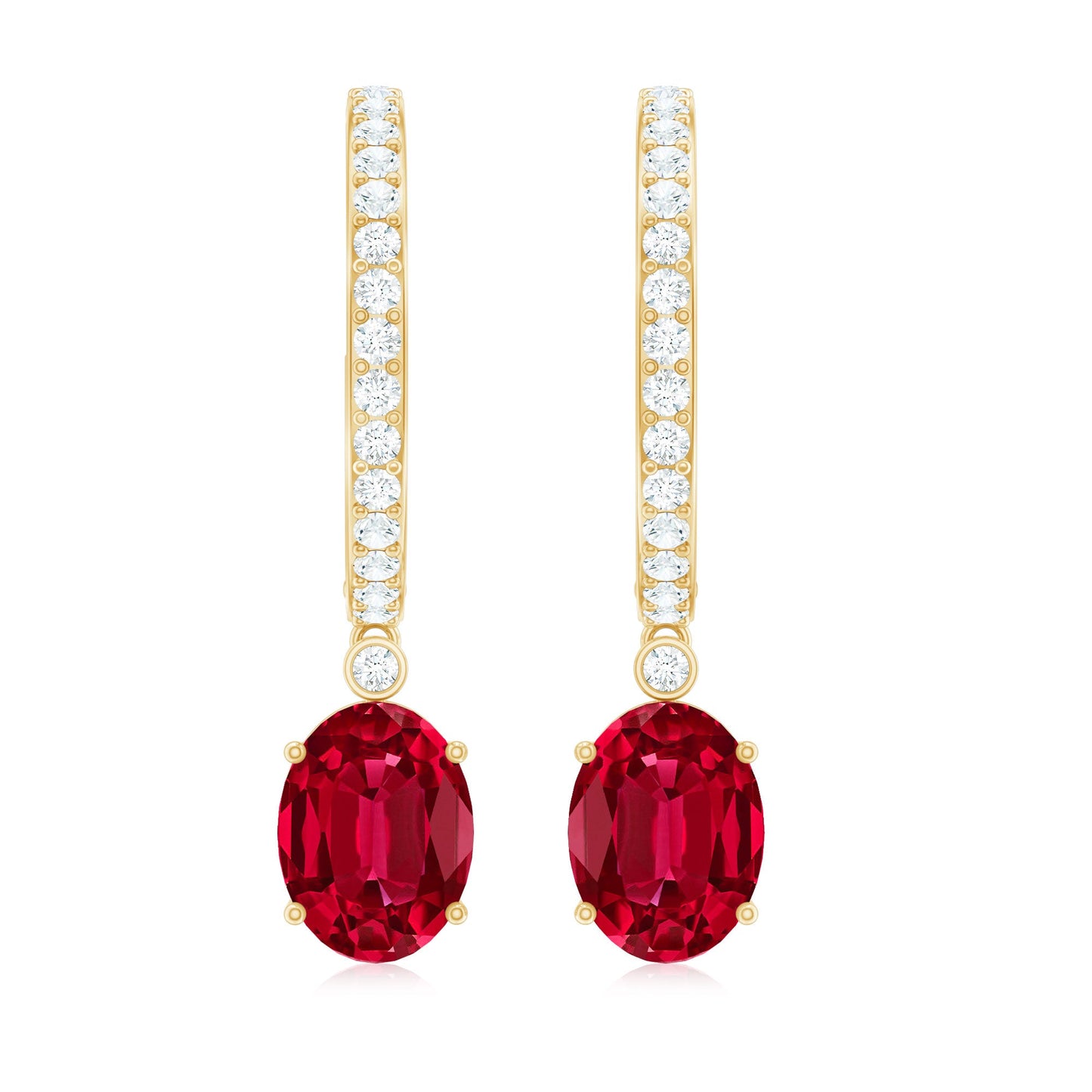 Oval Cut Lab Created Ruby Hoop Drop Earrings with Diamonds