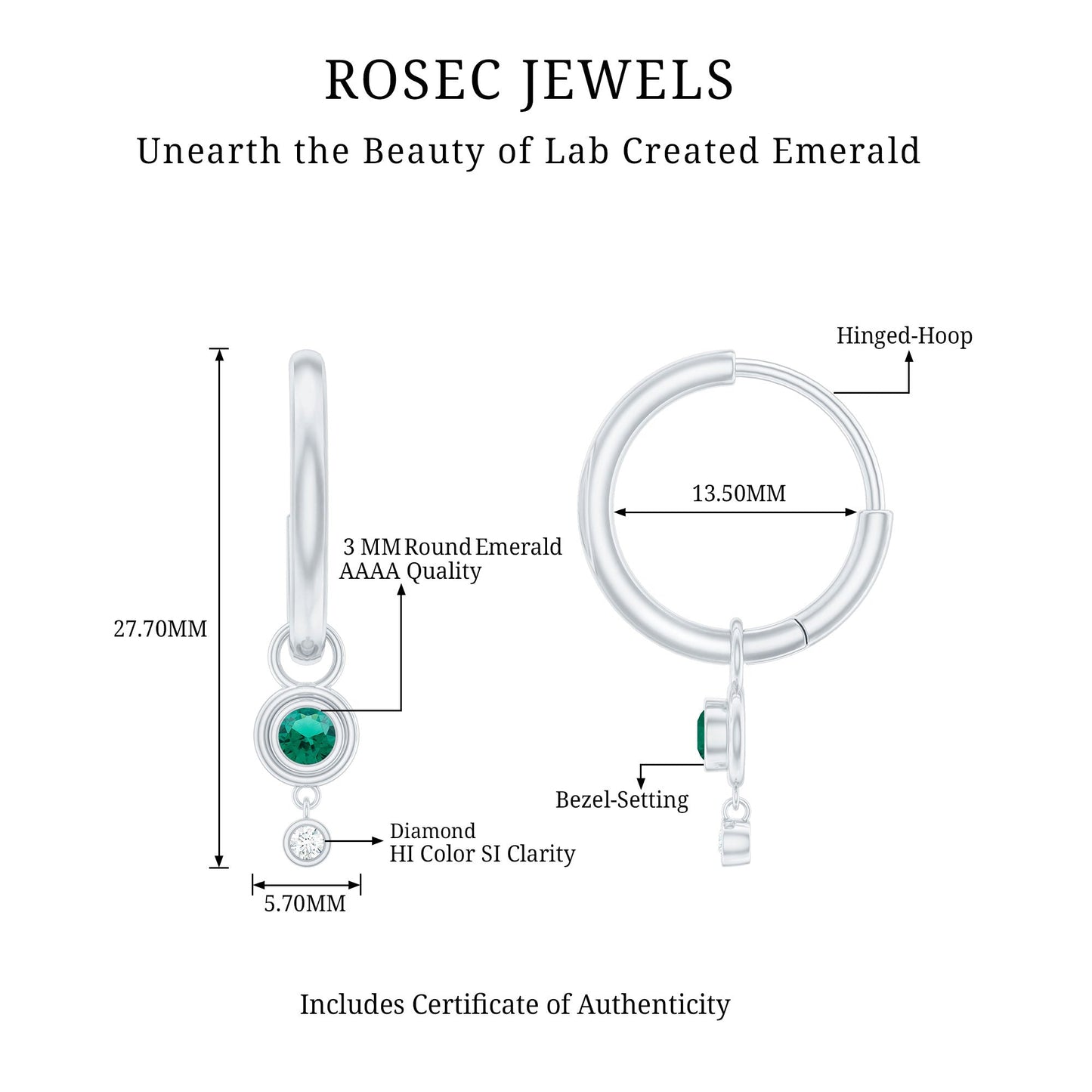 Certified Lab Grown Emerald and Diamond Drop Hoop Earrings