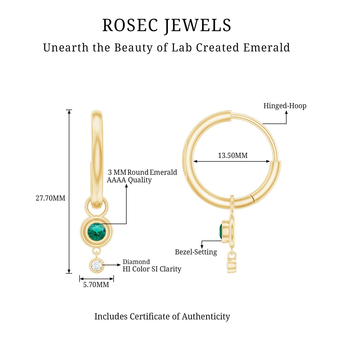 Certified Lab Grown Emerald and Diamond Drop Hoop Earrings