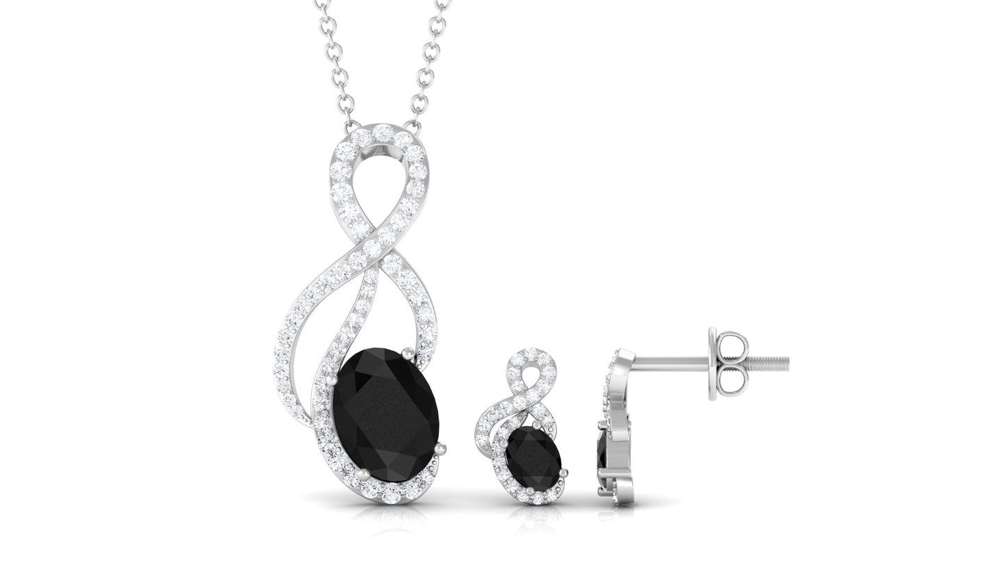 Natural Oval Black Onyx Diamond Infinity Jewelry Set with Certificate