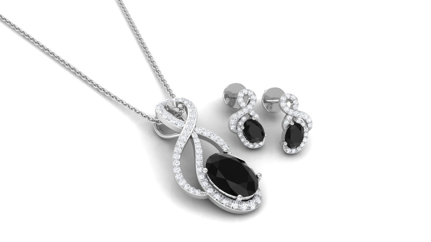 Natural Oval Black Onyx Diamond Infinity Jewelry Set with Certificate