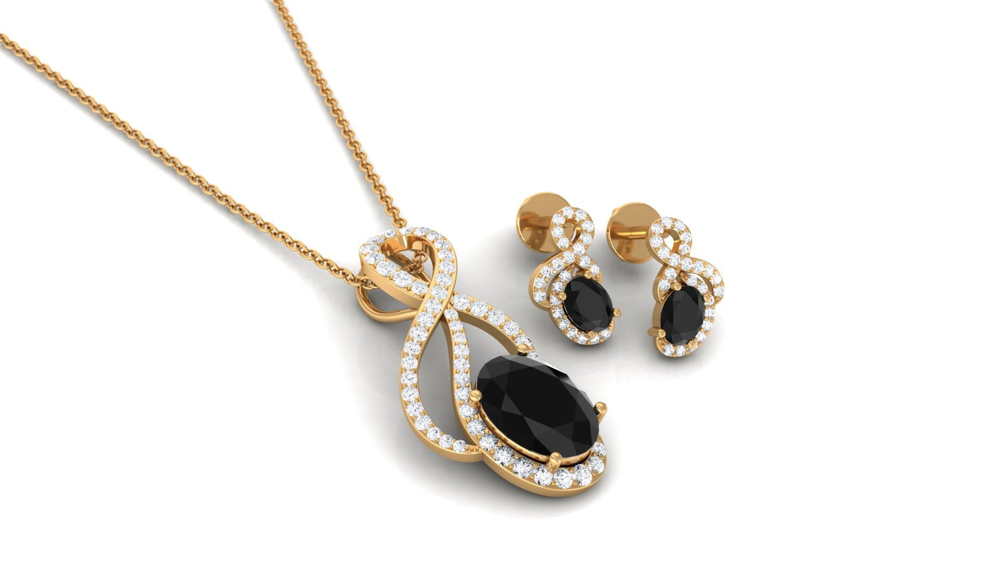 Natural Oval Black Onyx Diamond Infinity Jewelry Set with Certificate