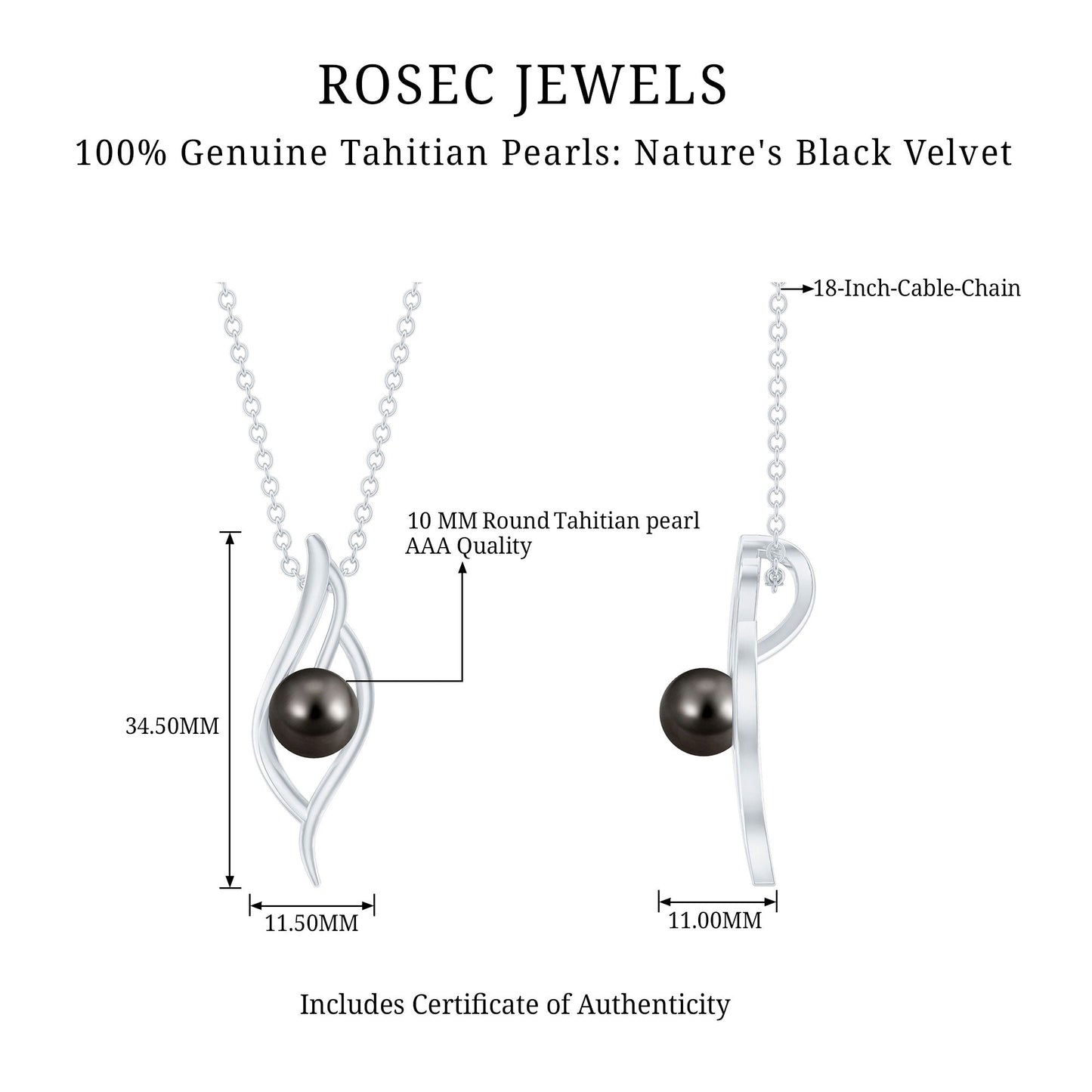 7.5 Carat Solitaire Black Pearl Leaf Pendant Necklace