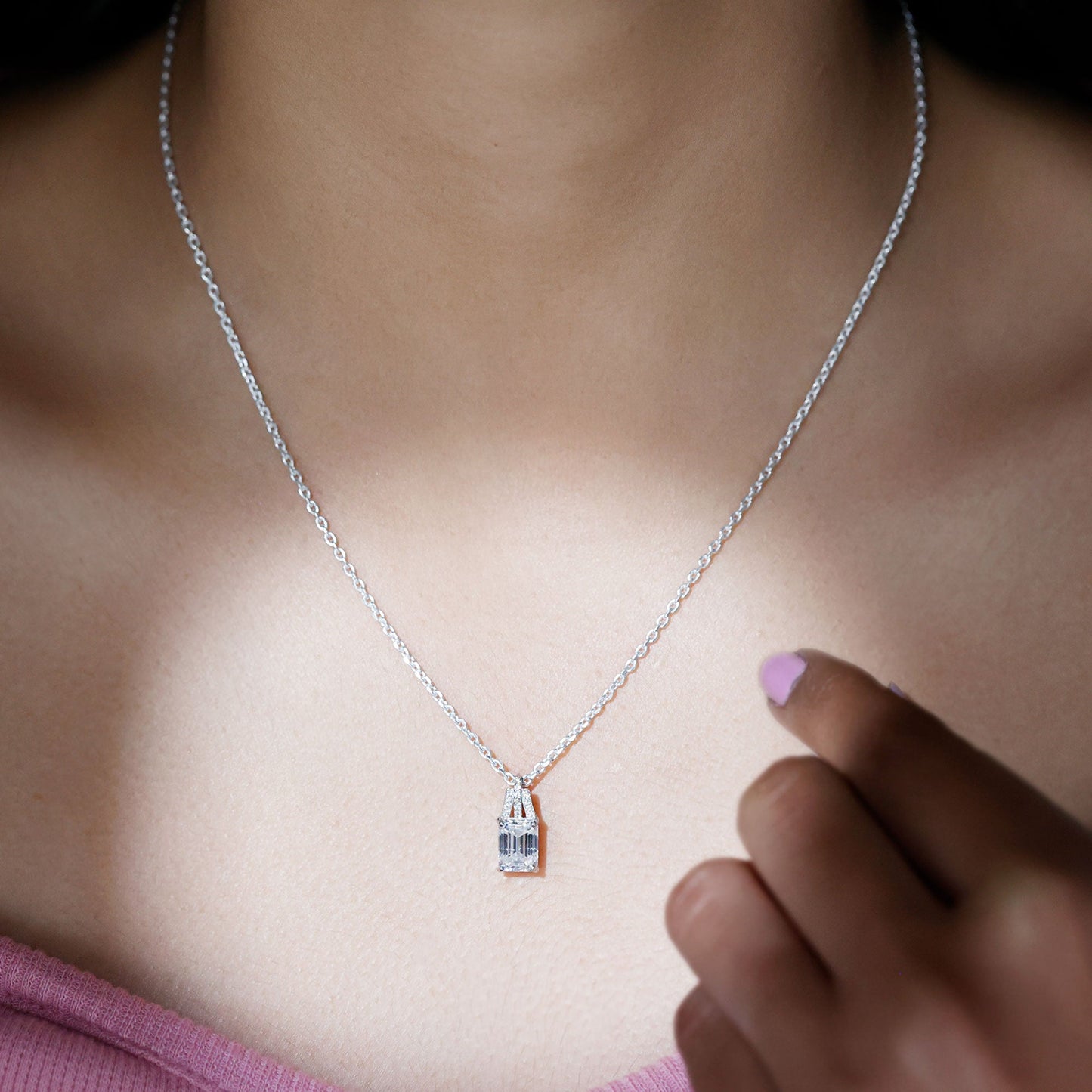 6X8 MM Solitaire Lab Grown Diamond Emerald Cut Necklace