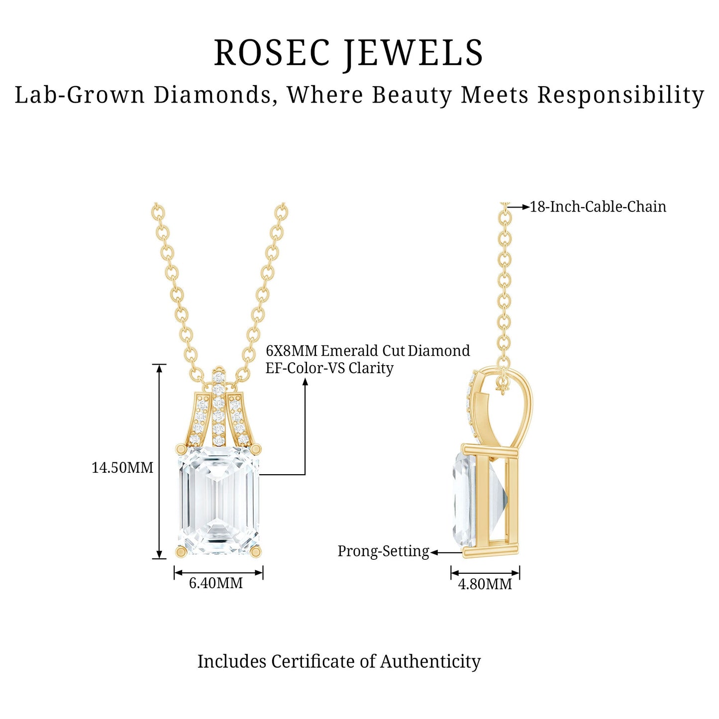 6X8 MM Solitaire Lab Grown Diamond Emerald Cut Necklace