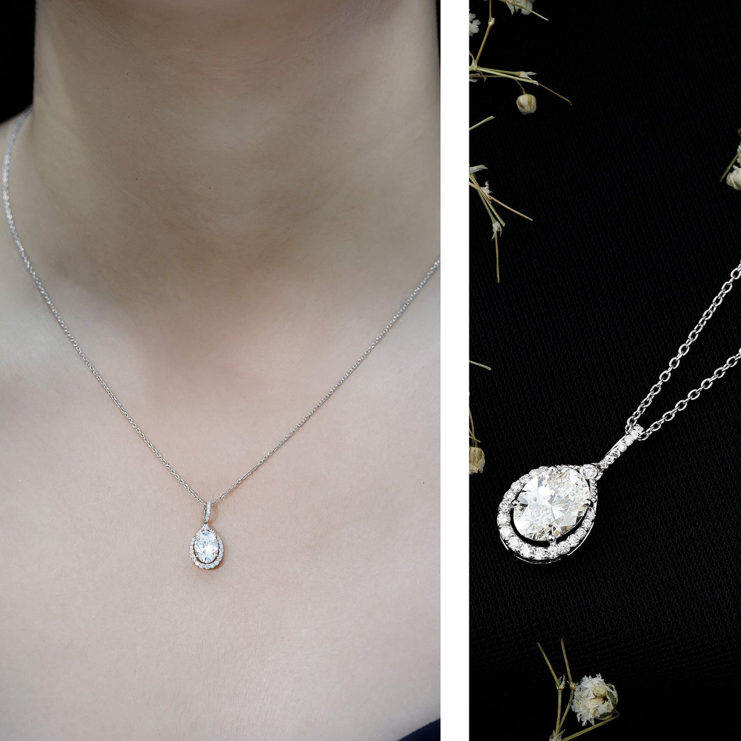 6X8 MM Oval Lab Grown Diamond Teardrop Halo Necklace For Women
