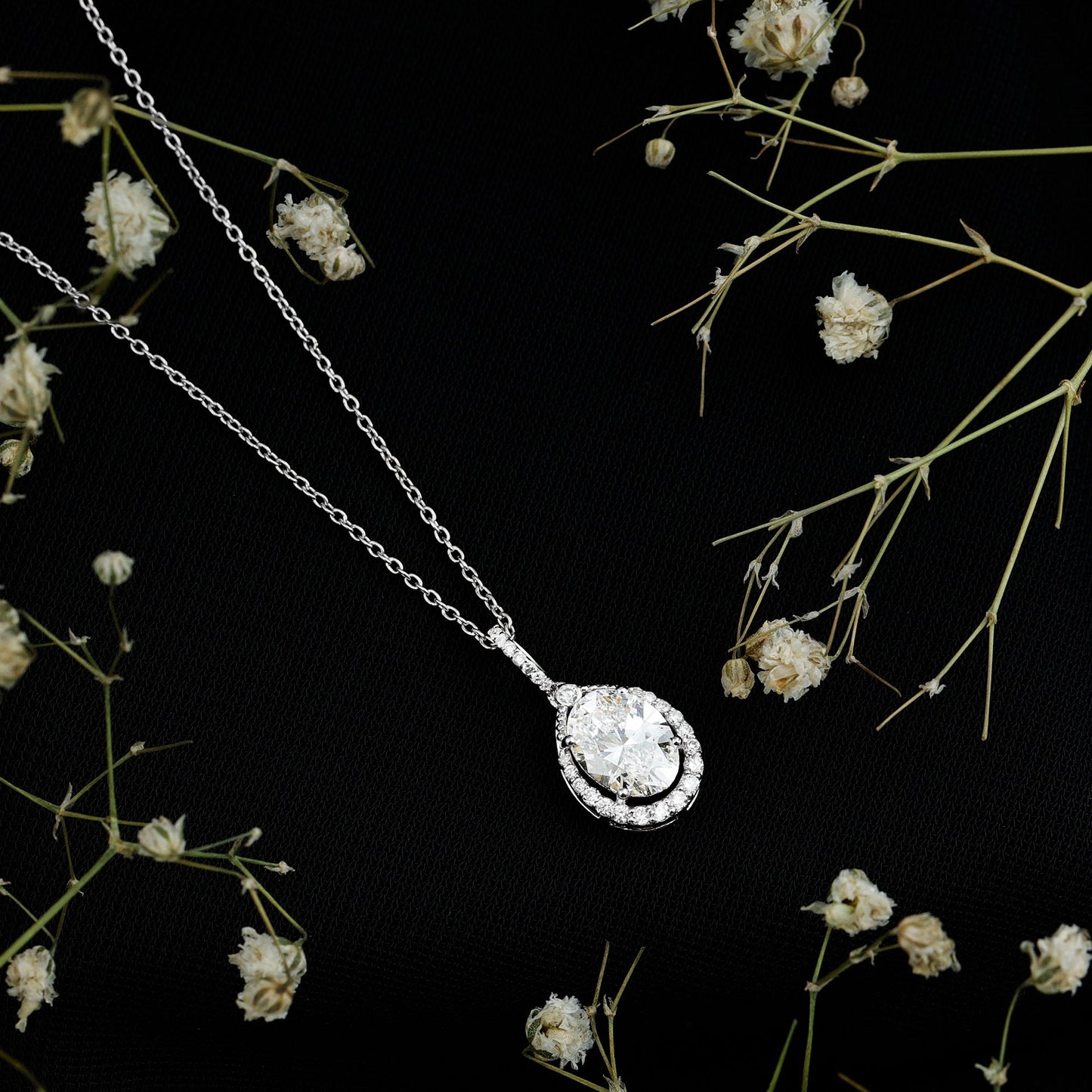 6X8 MM Oval Lab Grown Diamond Teardrop Halo Necklace For Women