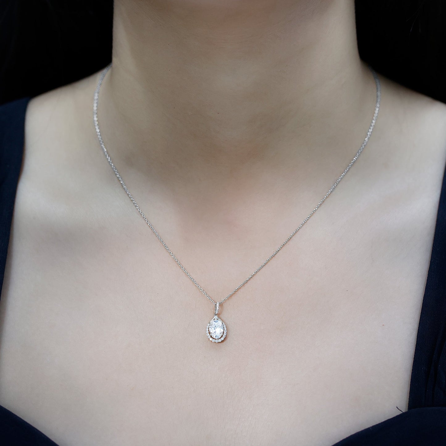 6X8 MM Oval Lab Grown Diamond Teardrop Halo Necklace For Women