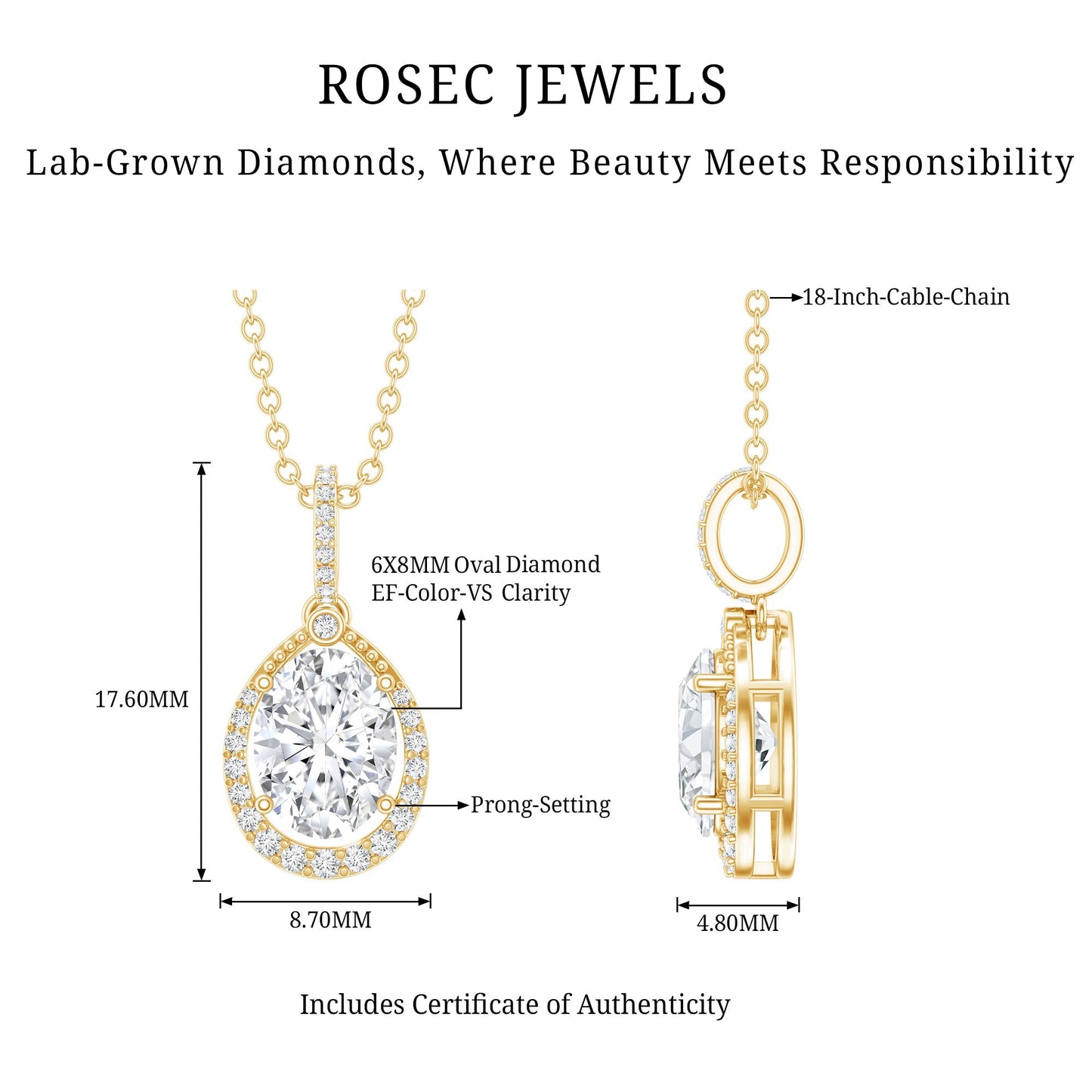 6X8 MM Oval Lab Grown Diamond Teardrop Halo Necklace For Women