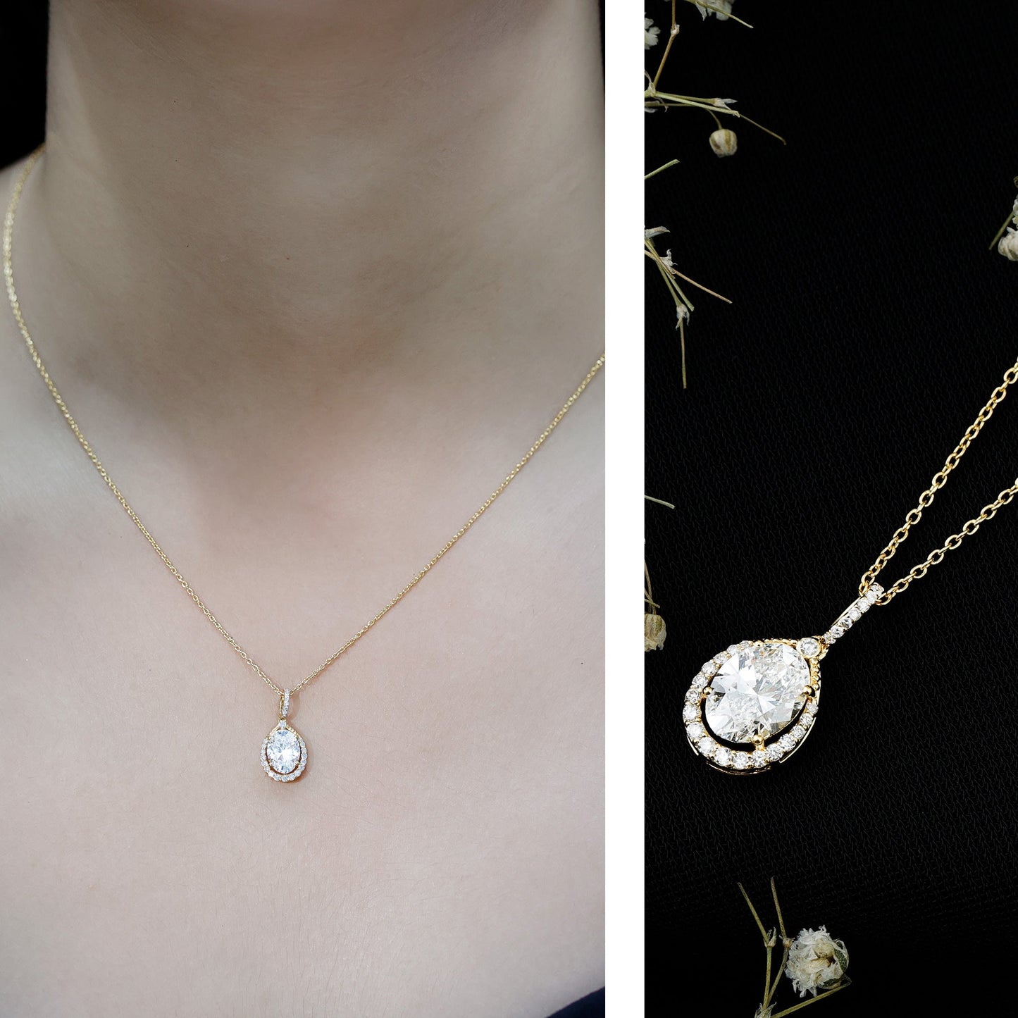 6X8 MM Oval Lab Grown Diamond Teardrop Halo Necklace For Women