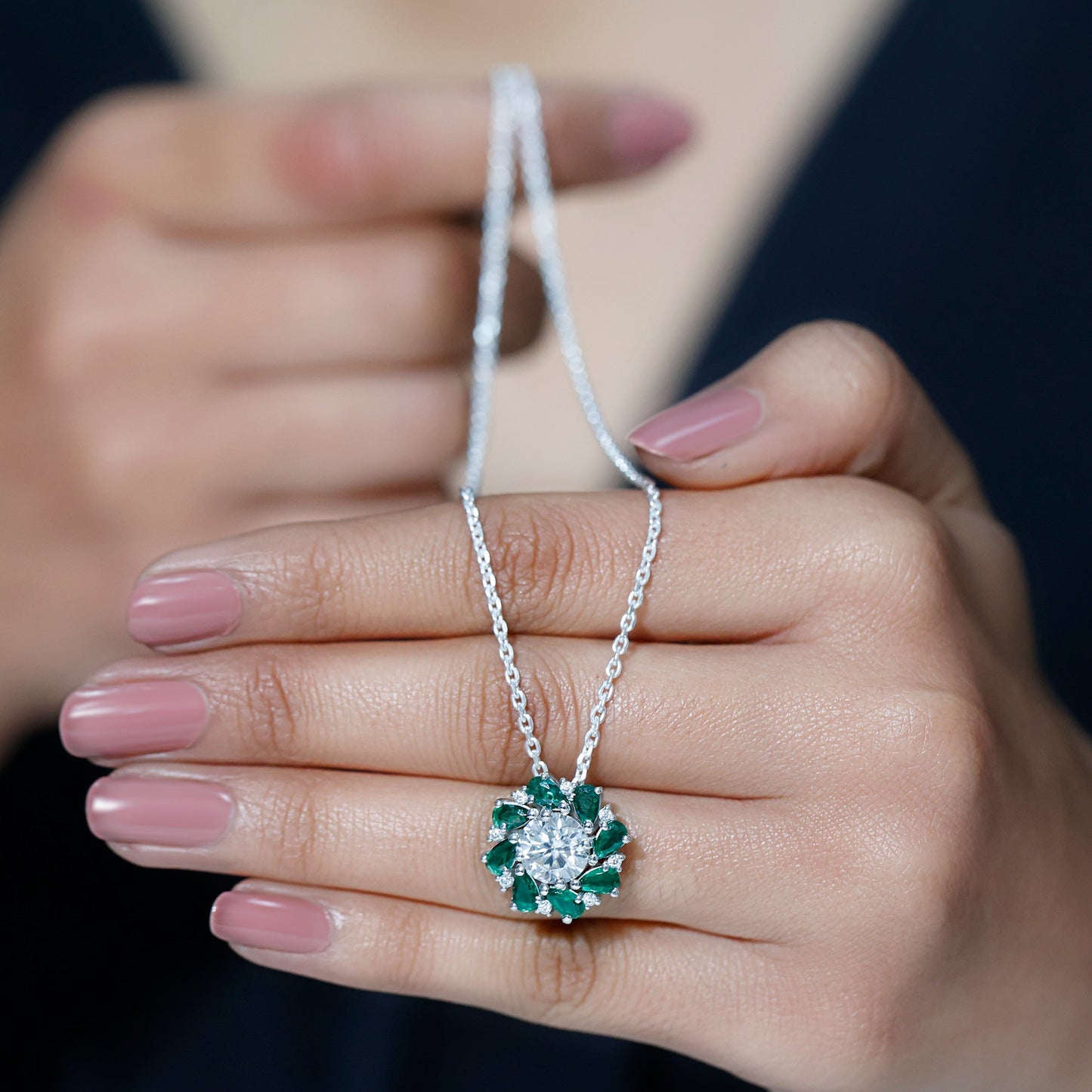 2 Carat Lab Grown Diamond Emerald Flower Bridal Necklace