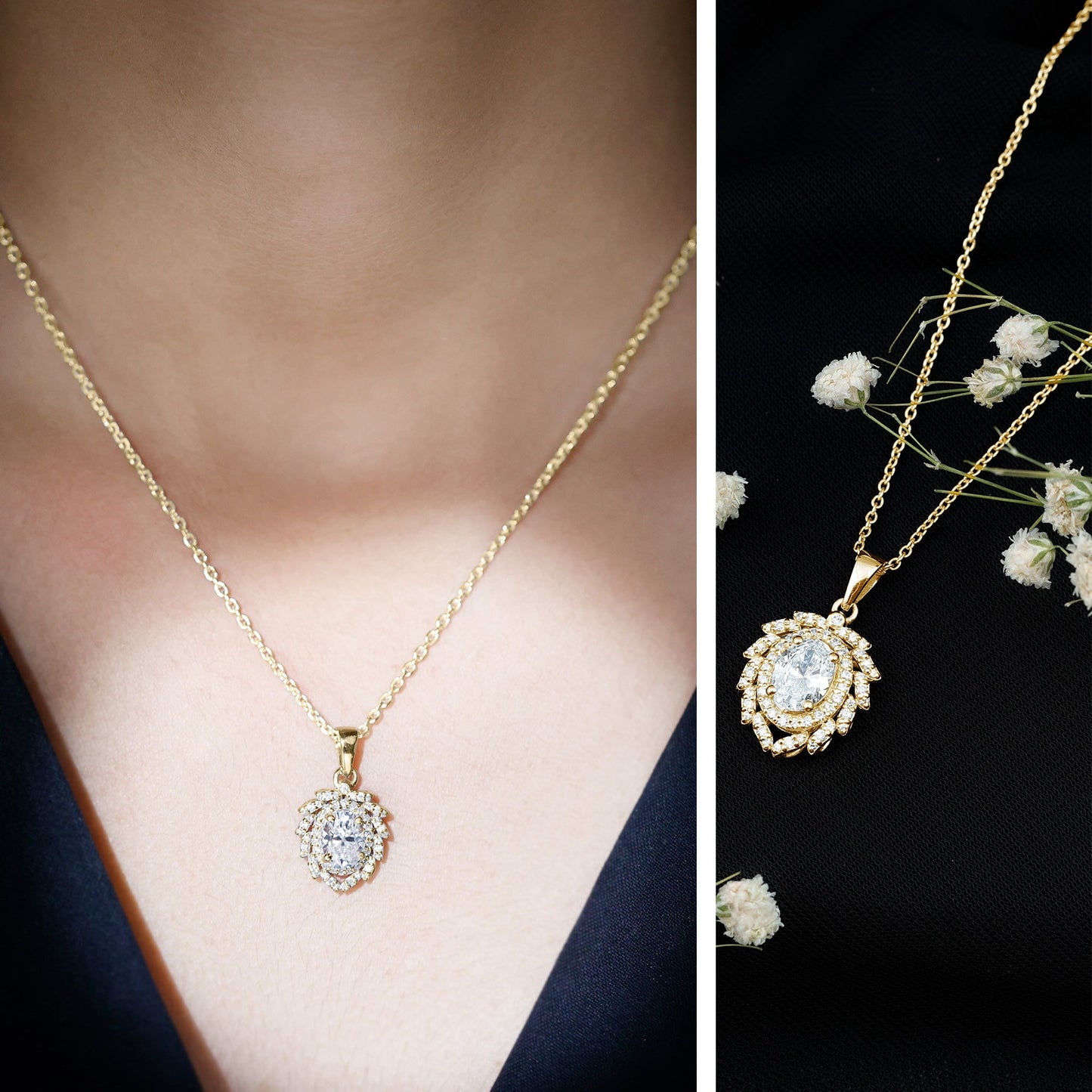 6X8 MM Oval Lab Grown Diamond Vintage Necklace With Double Halo