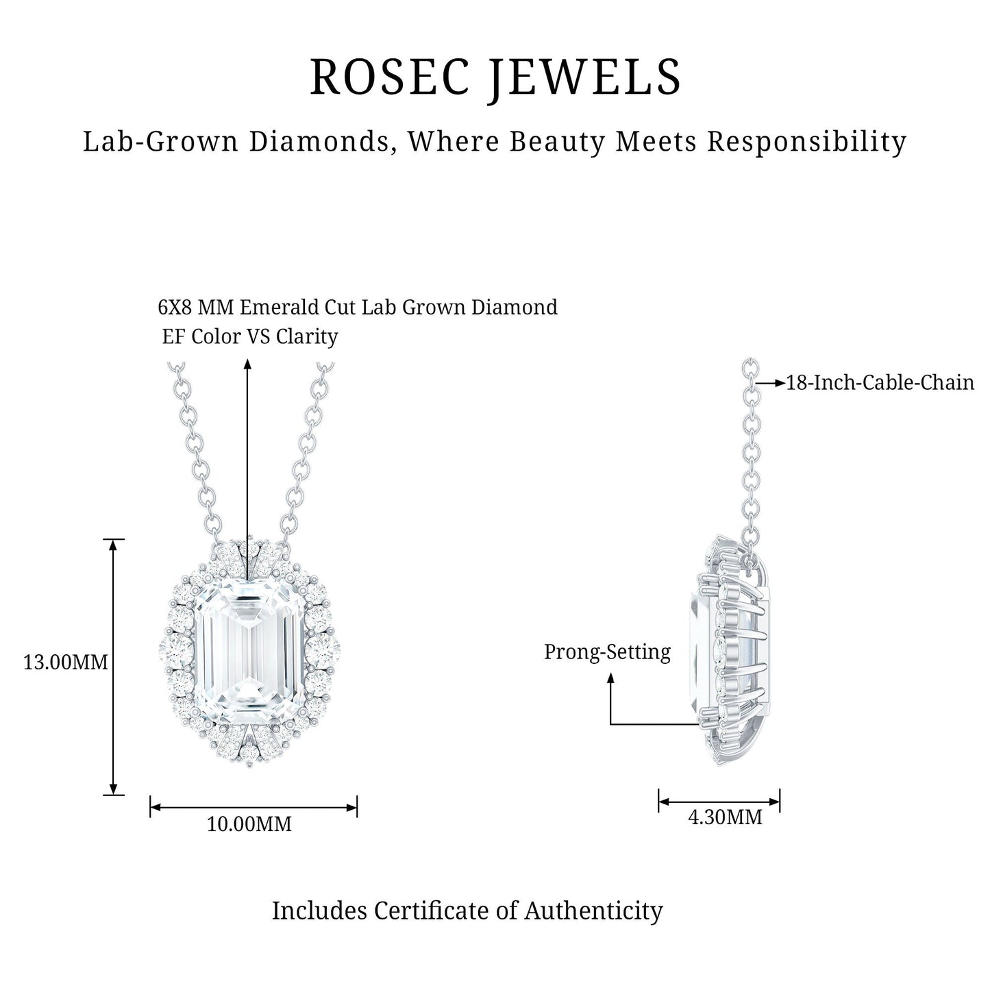 Certified 6X8 MM Emerald Cut Lab Grown Diamond Statement Necklace With Halo