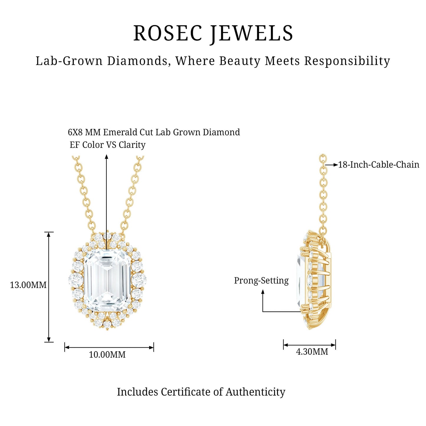 Certified 6X8 MM Emerald Cut Lab Grown Diamond Statement Necklace With Halo