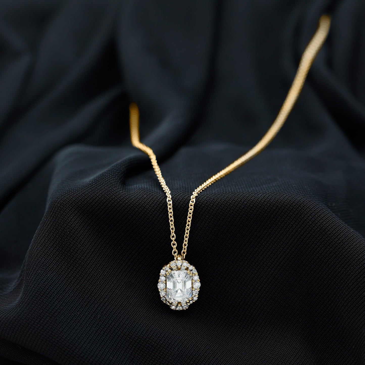 Certified 6X8 MM Emerald Cut Lab Grown Diamond Statement Necklace With Halo