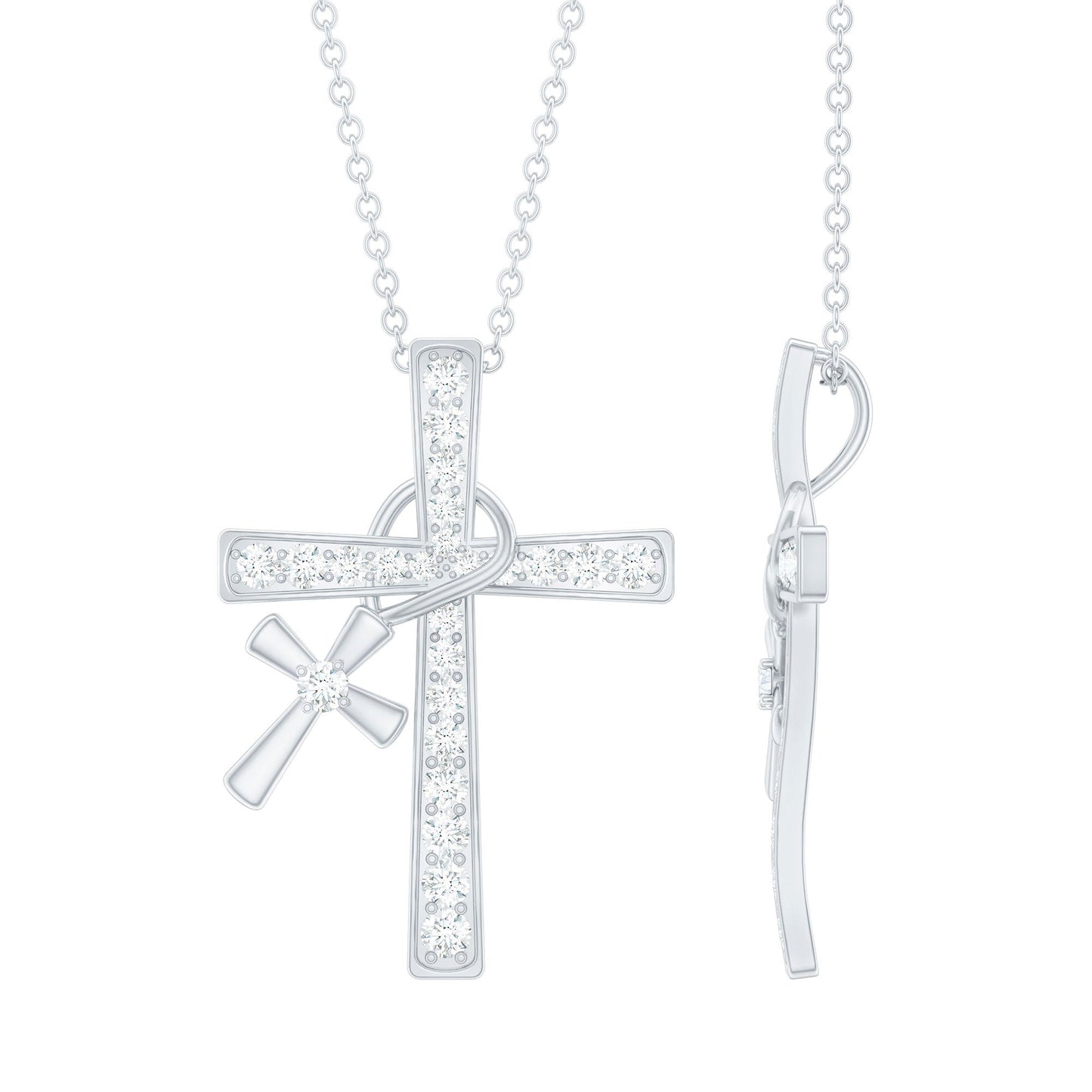 Pave Set Lab Grown Diamond Double Cross Charm Necklace