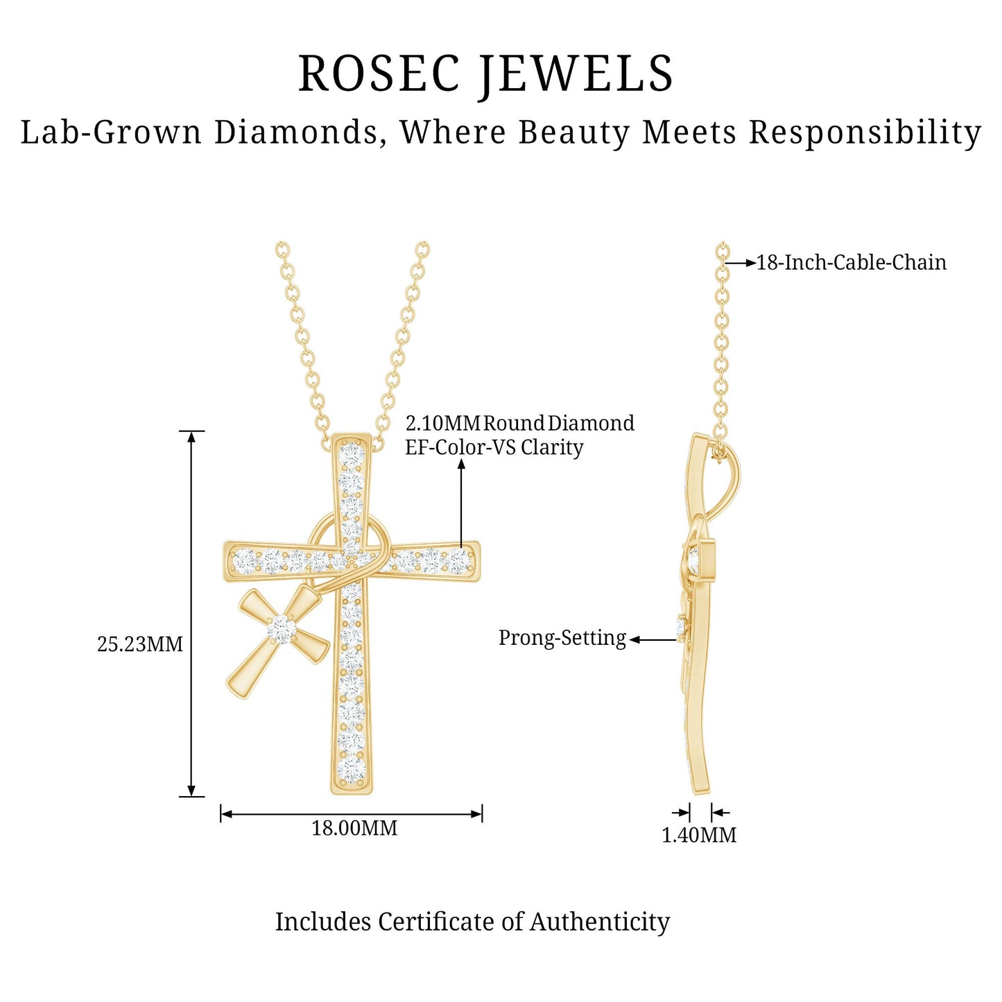 Pave Set Lab Grown Diamond Double Cross Charm Necklace