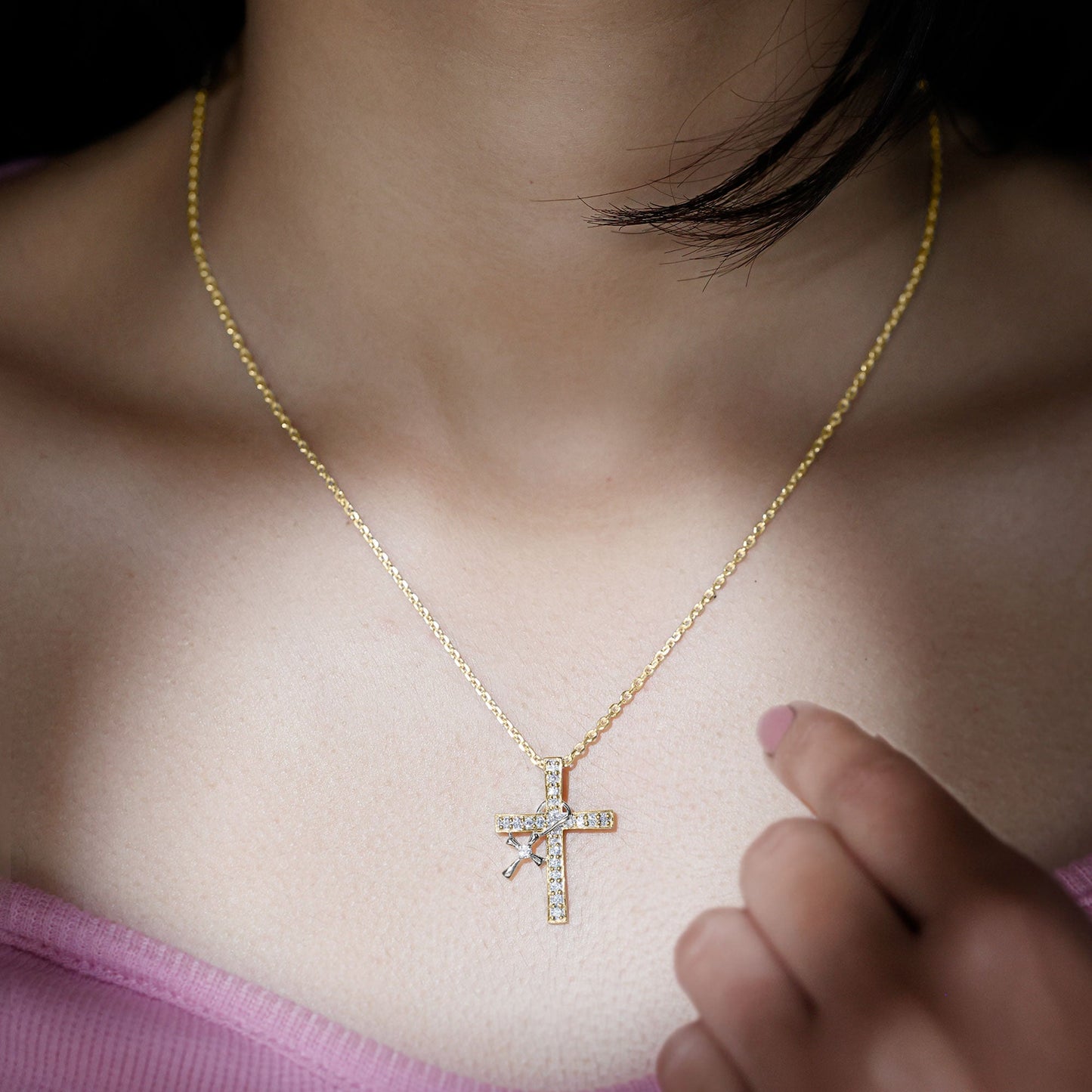 Pave Set Lab Grown Diamond Double Cross Charm Necklace