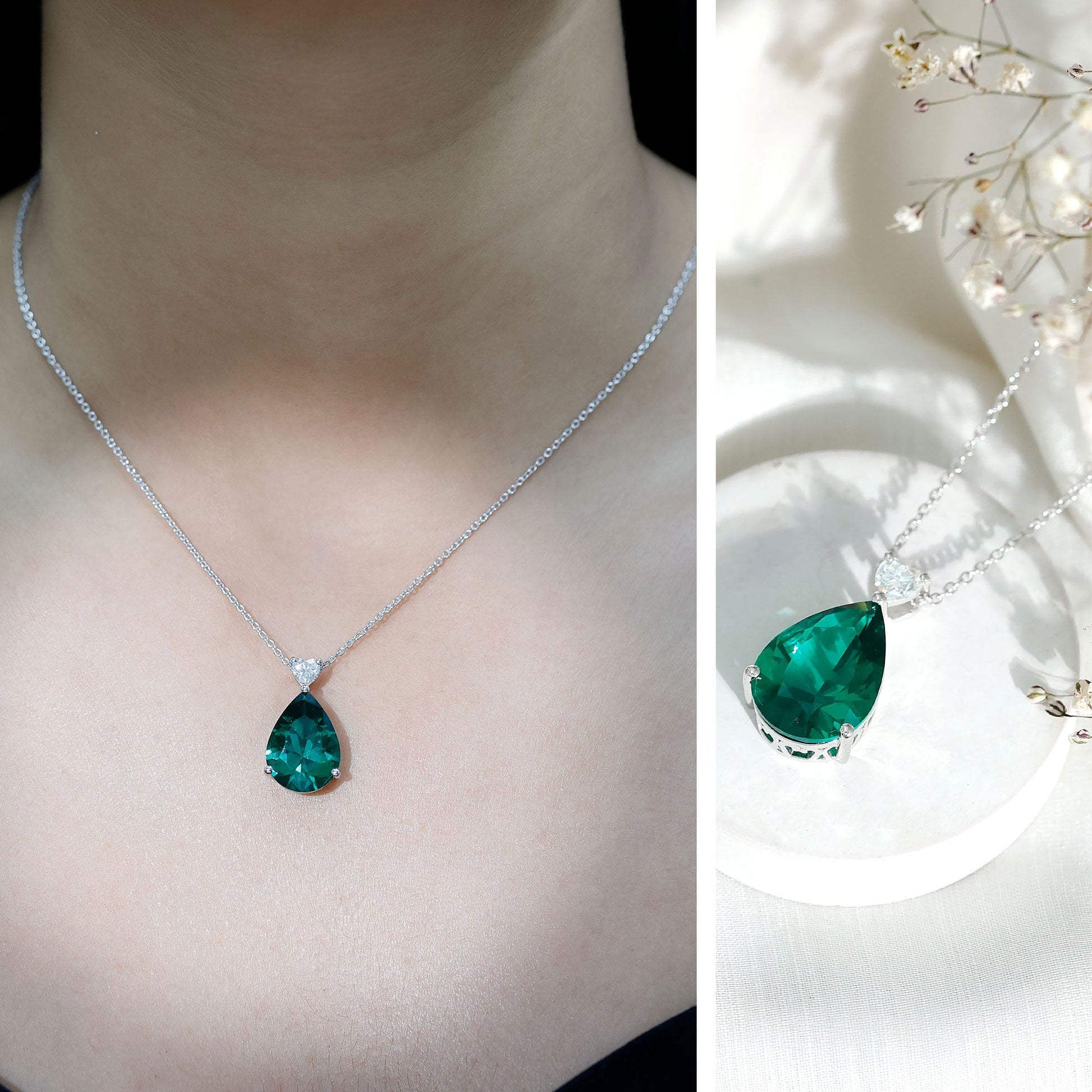 Green teardrop pendant necklace on a mannequin and close-up on a white background.