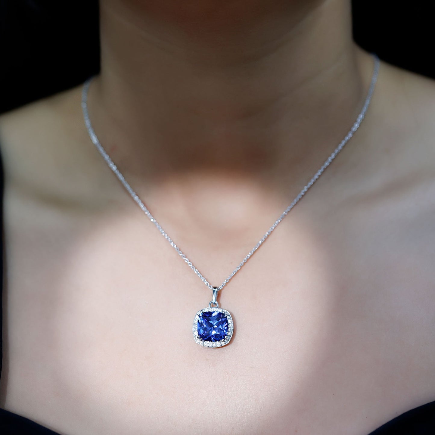 Certified 12 MM Cushion Lab Grown Blue Sapphire Halo Necklace