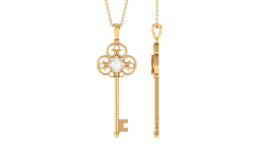 Round and princess cut moissanite key pendant necklace in bezel setting by Rosec Jewels, showcasing sparkling gemstone details.
