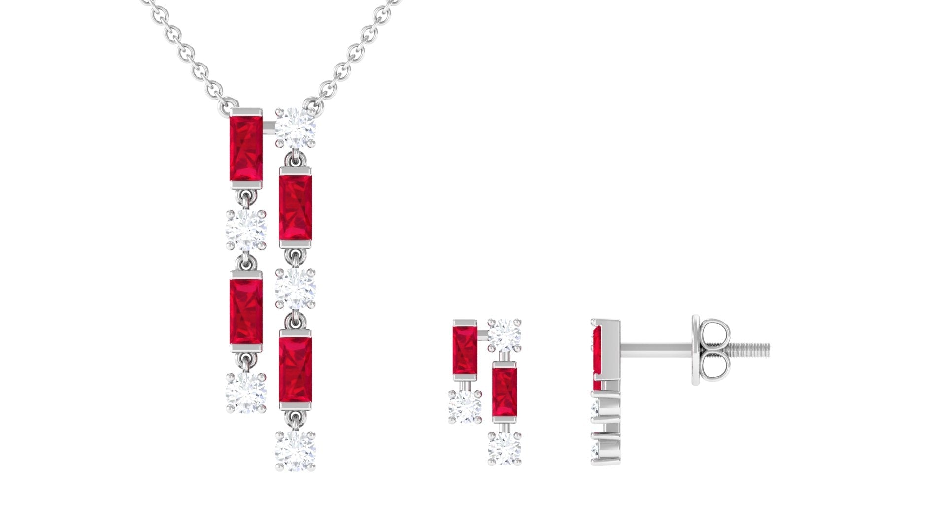 Jewelry set with red gemstones and silver metal on a white background