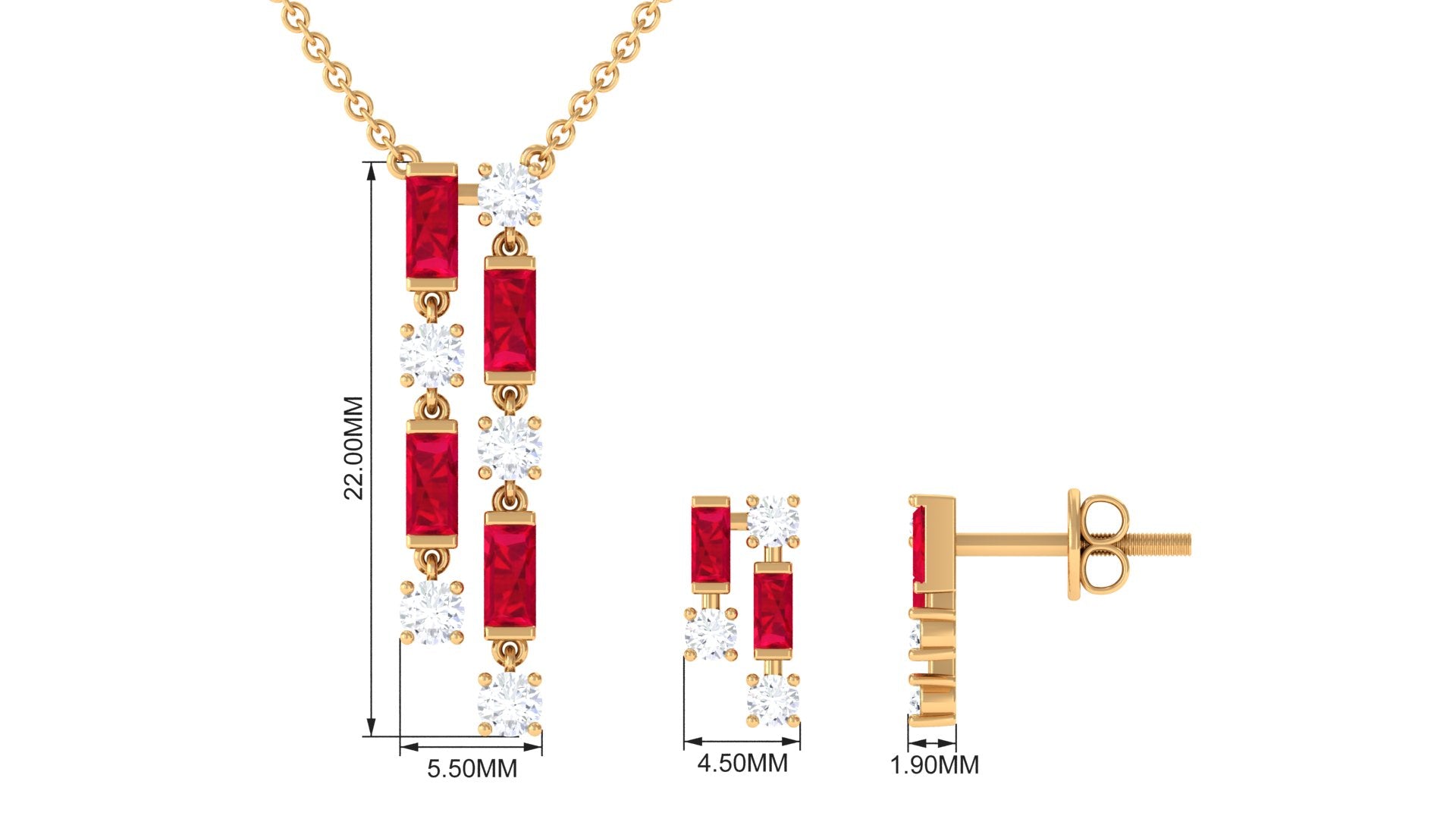 Gold necklace and earrings with red stones and measurements on a white background