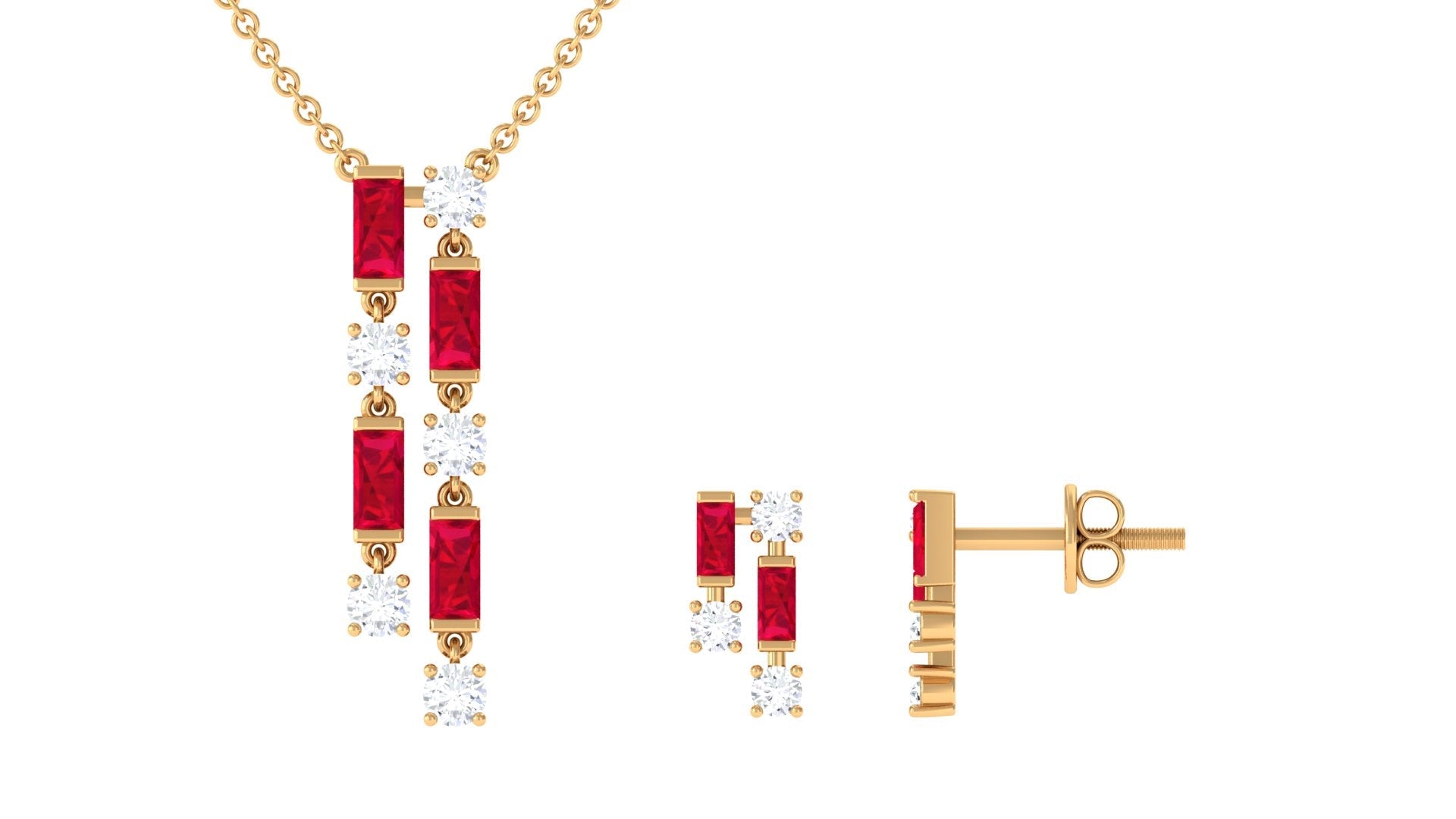 Gold jewelry set with red gemstones on a white background