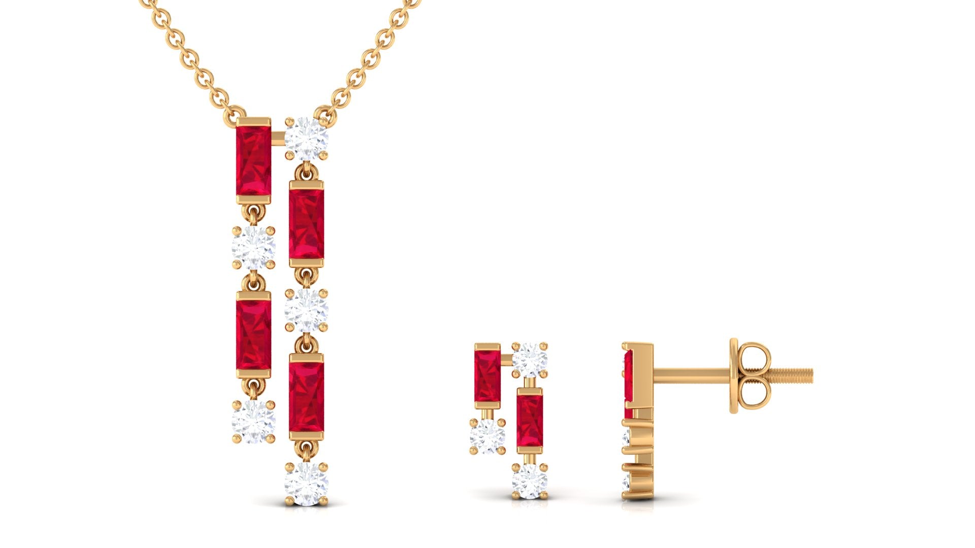 Gold jewelry set with red gemstones on a white background