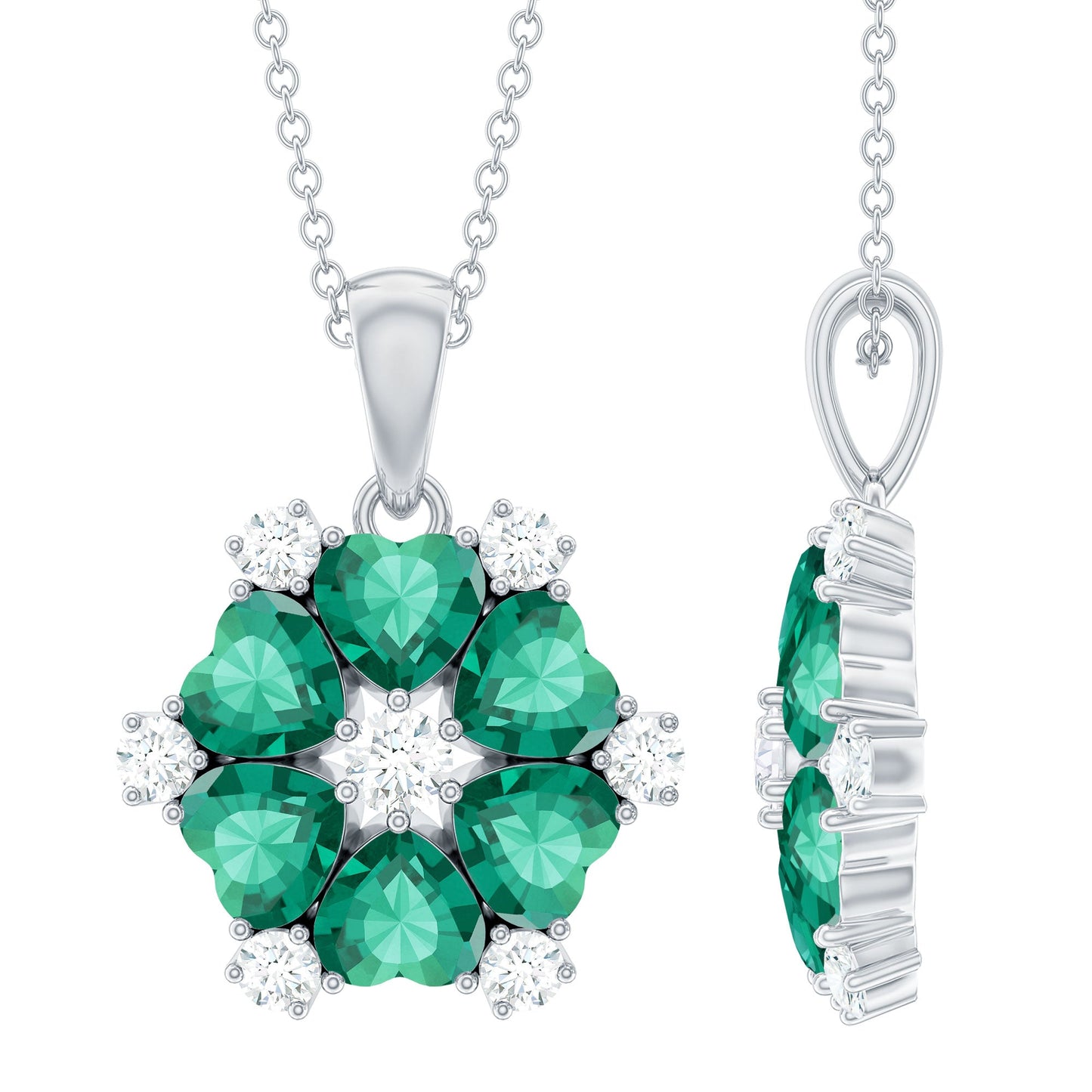 2 CT Heart Shape Created Emerald and Diamond Flower Pendant