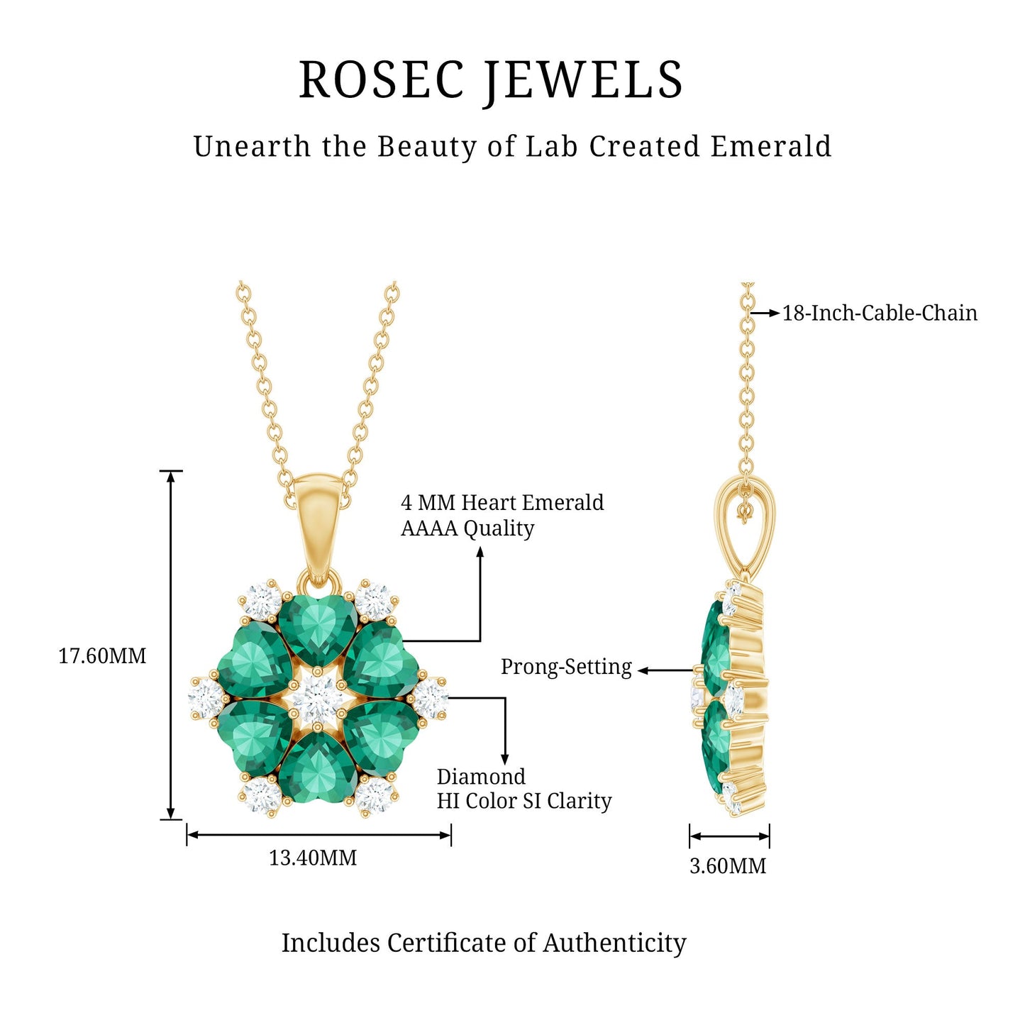 2 CT Heart Shape Created Emerald and Diamond Flower Pendant
