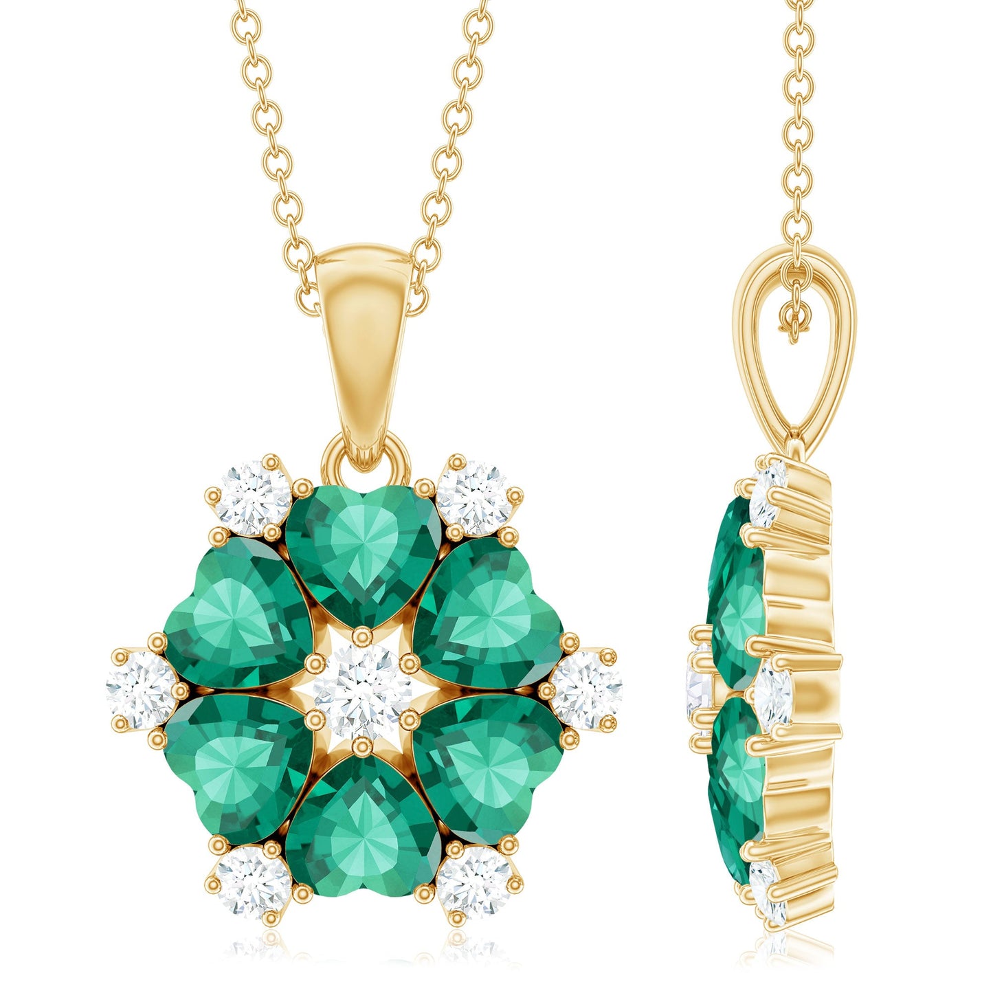 2 CT Heart Shape Created Emerald and Diamond Flower Pendant