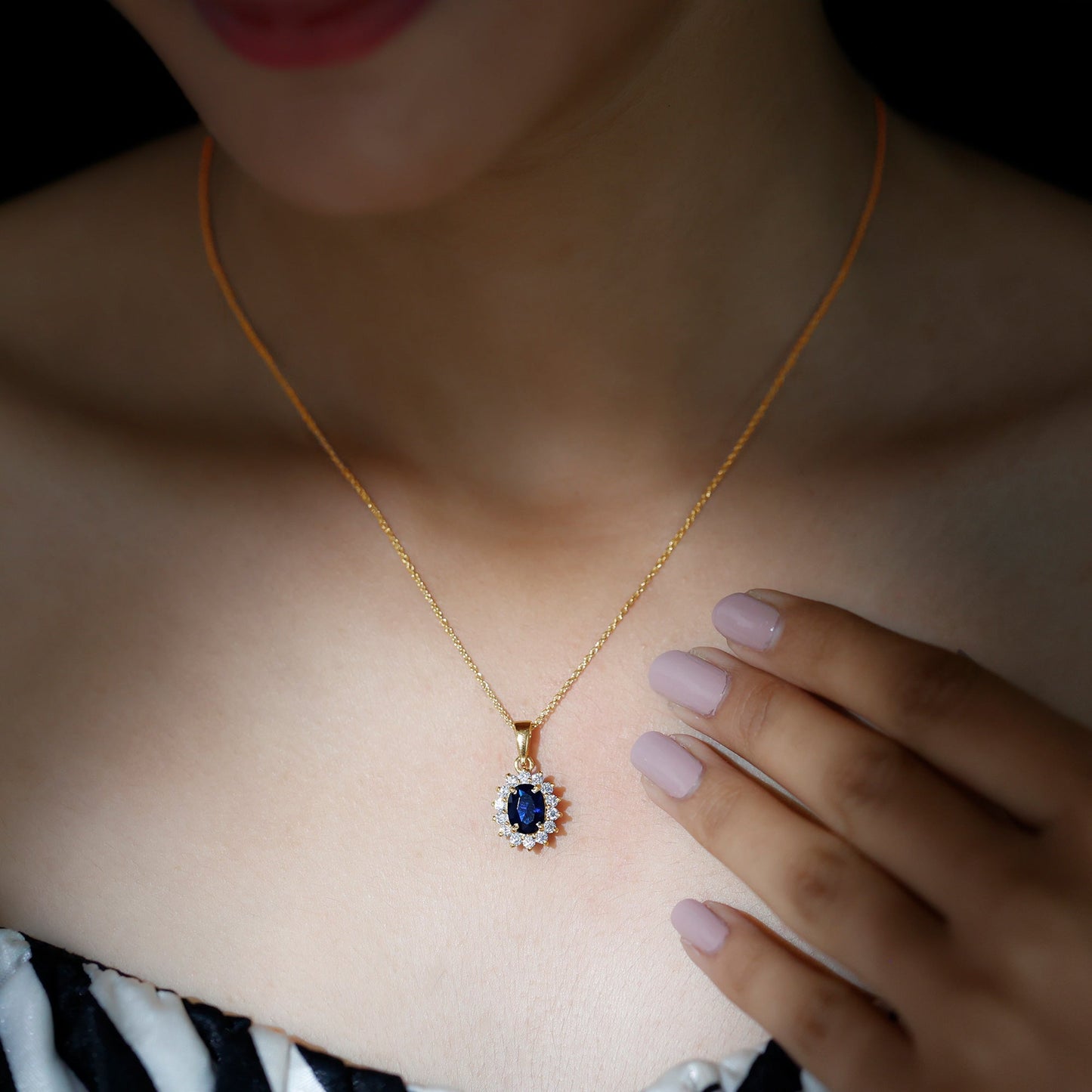 1.5 Carat Oval Shape Lab Grown Blue Sapphire Princess Diana Inspired Necklace