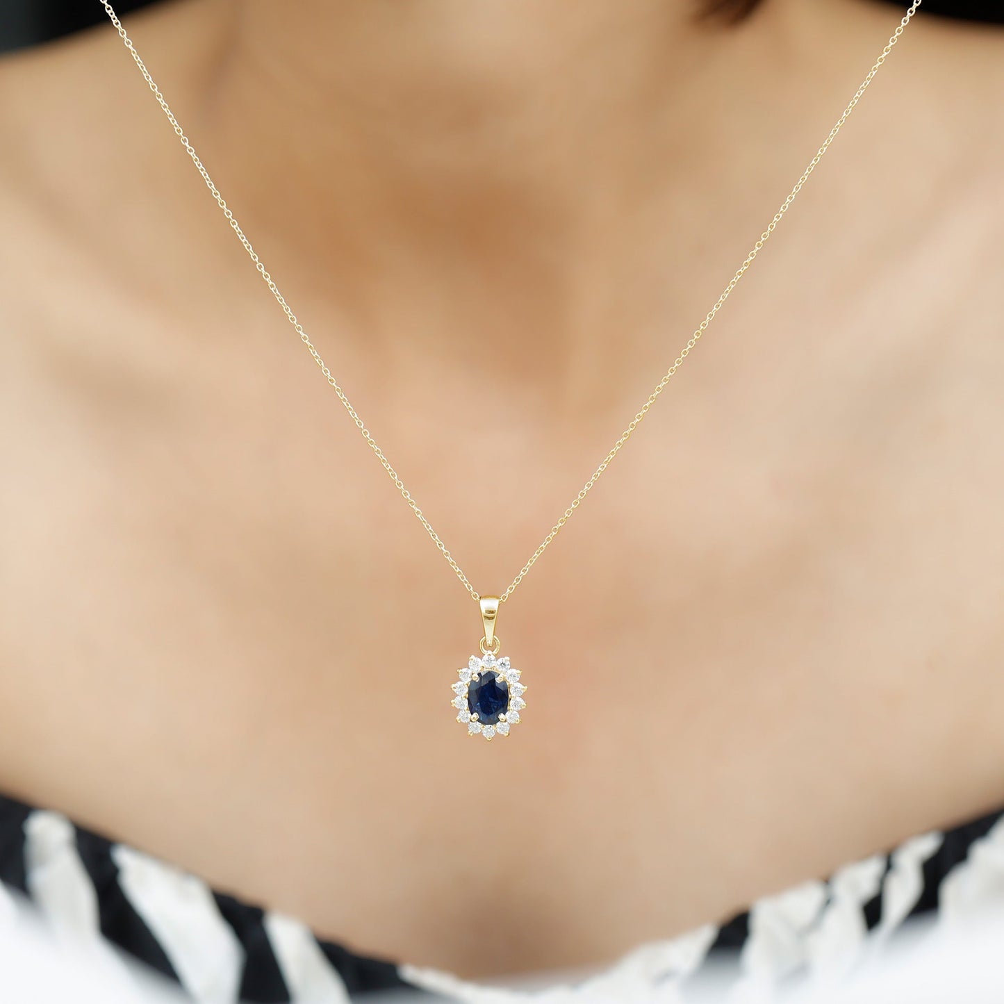 1.5 Carat Oval Shape Lab Grown Blue Sapphire Princess Diana Inspired Necklace