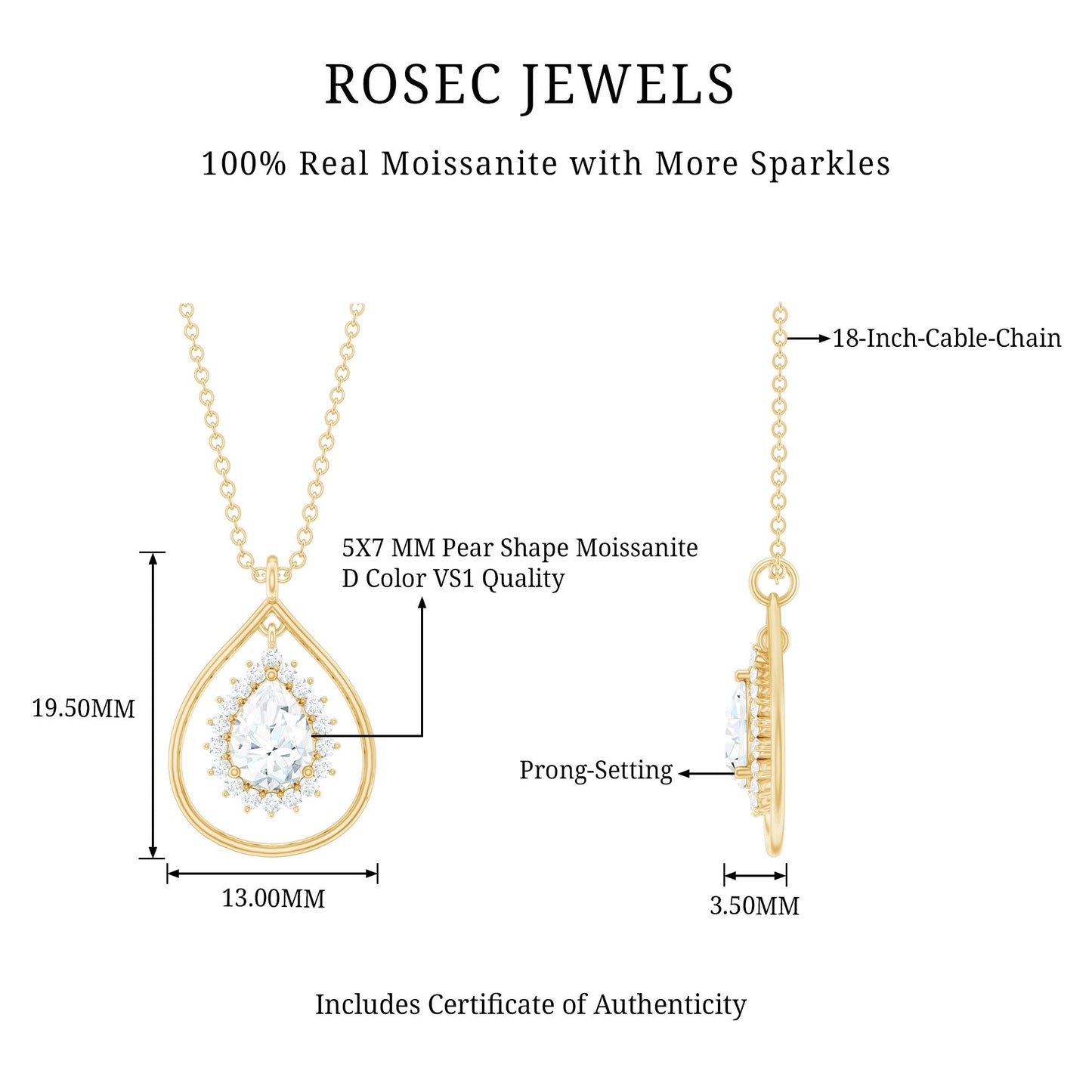 Certified 5X7 MM Moissanite Teardrop Pendant Necklace