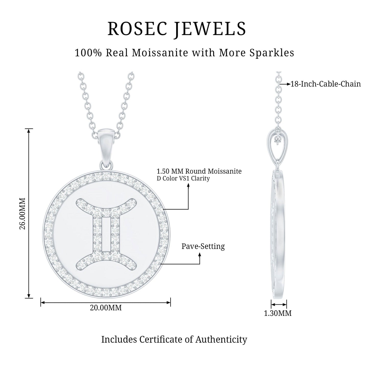 Gemini Zodiac Sign Disc Pendant with Pave Set Moissanite