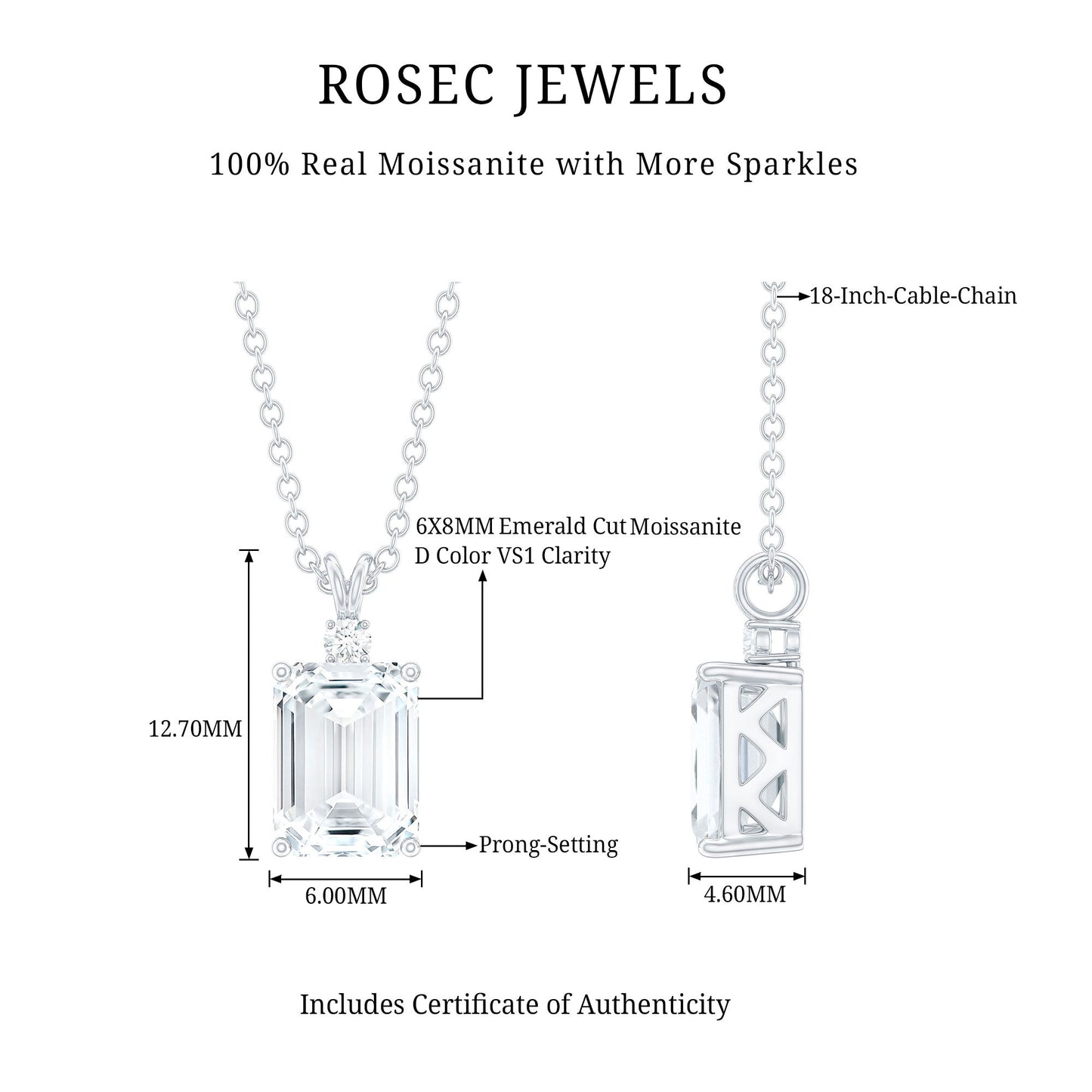 Emerald Cut Moissanite Solitaire Pendant Necklace