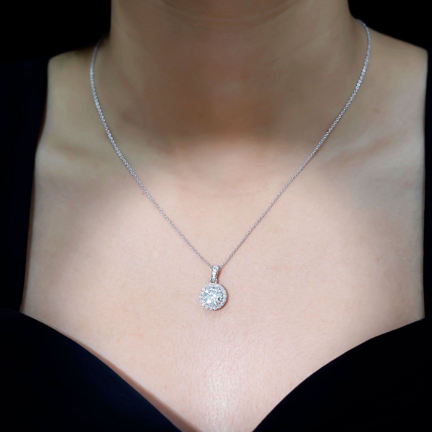 Round Moissanite Classic Halo Pendant Necklace