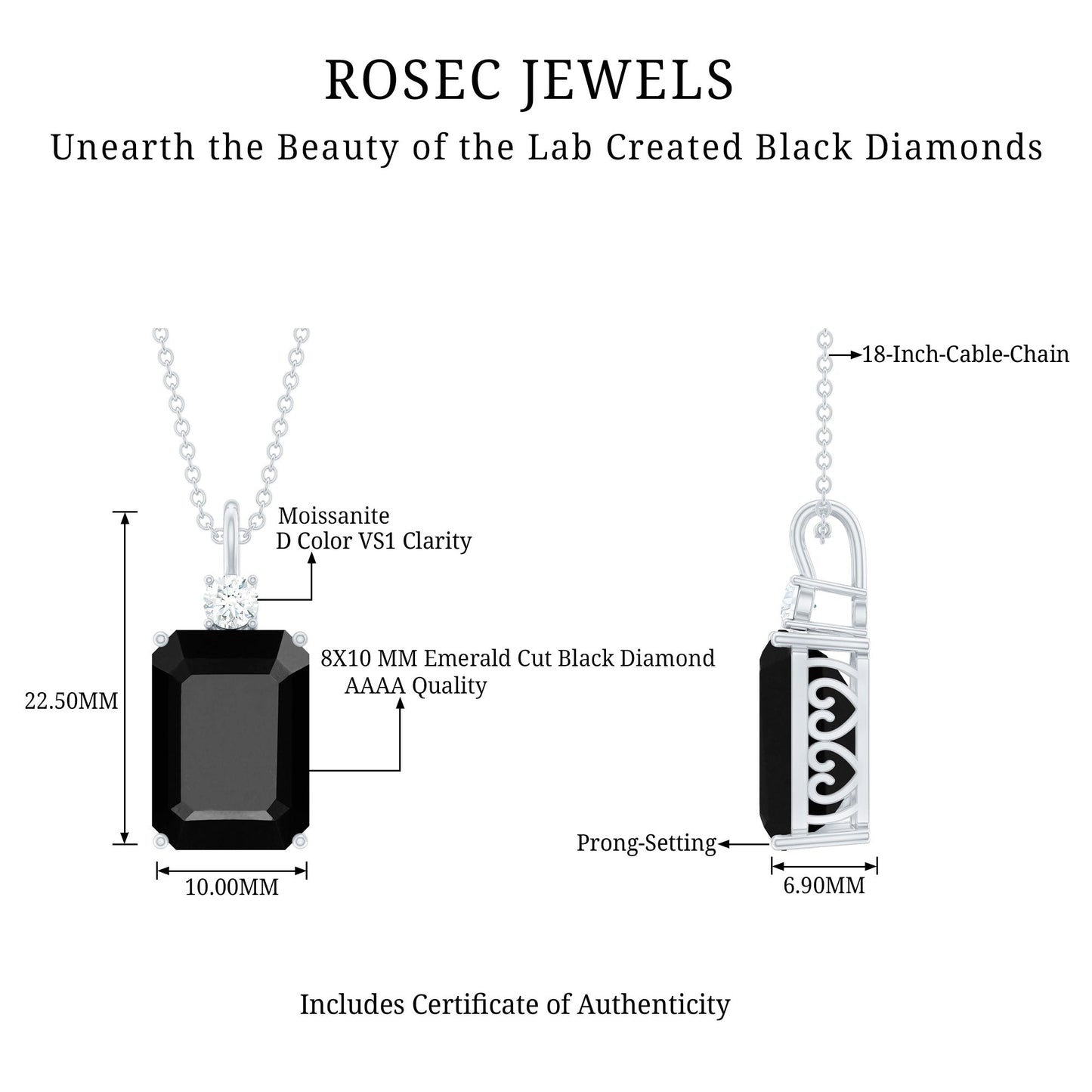 3.48 Carat Emerald Cut Lab Created Black Diamond Solitaire Necklace