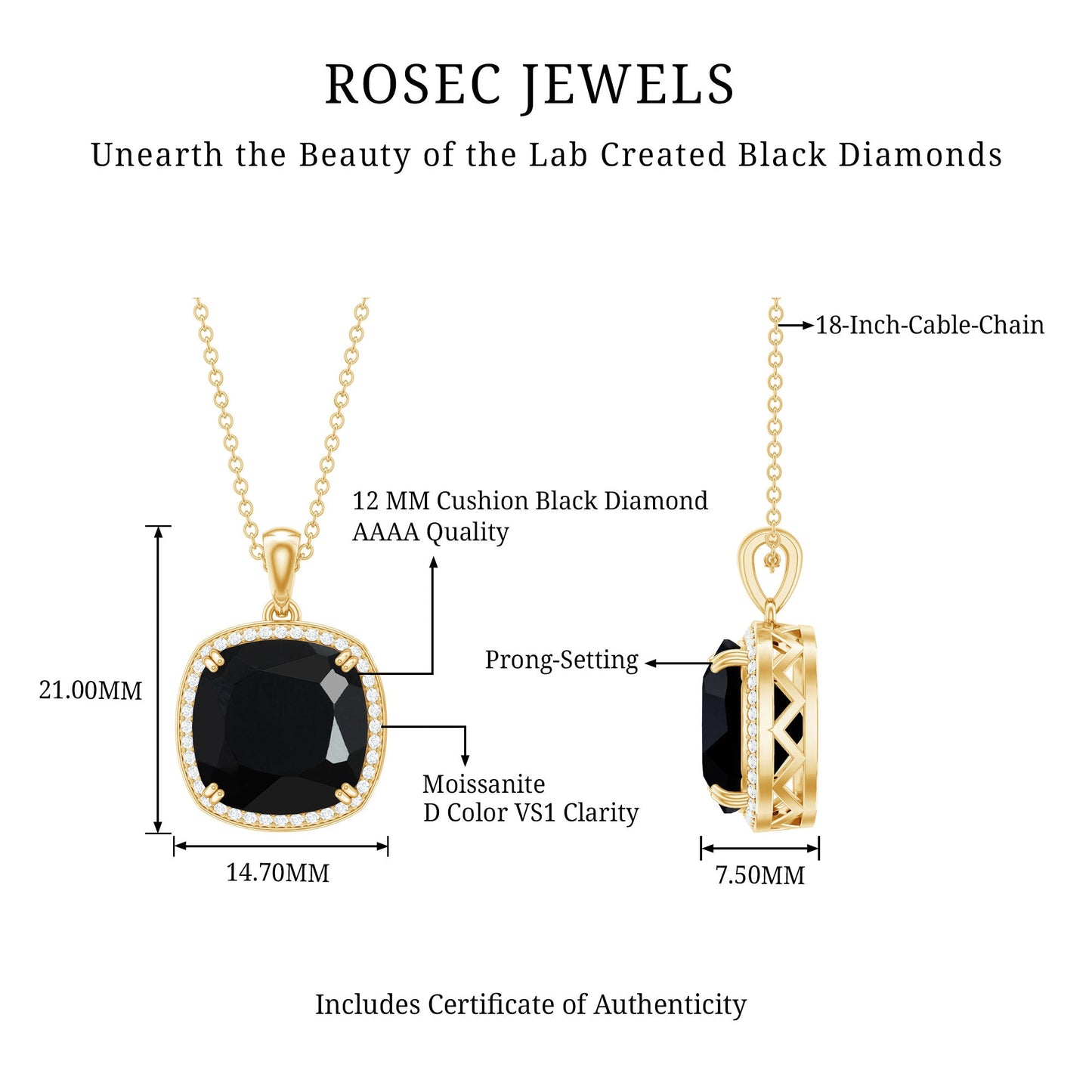 Lab Grown 12MM Black Diamond Cocktail Necklace With Chain