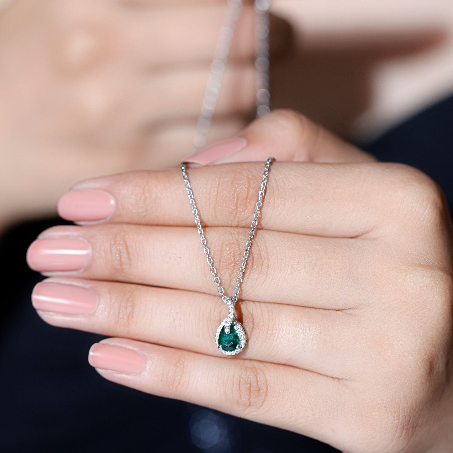 0.7 Carat Lab Grown Emerald and Moissanite Teardrop Necklace with Chain