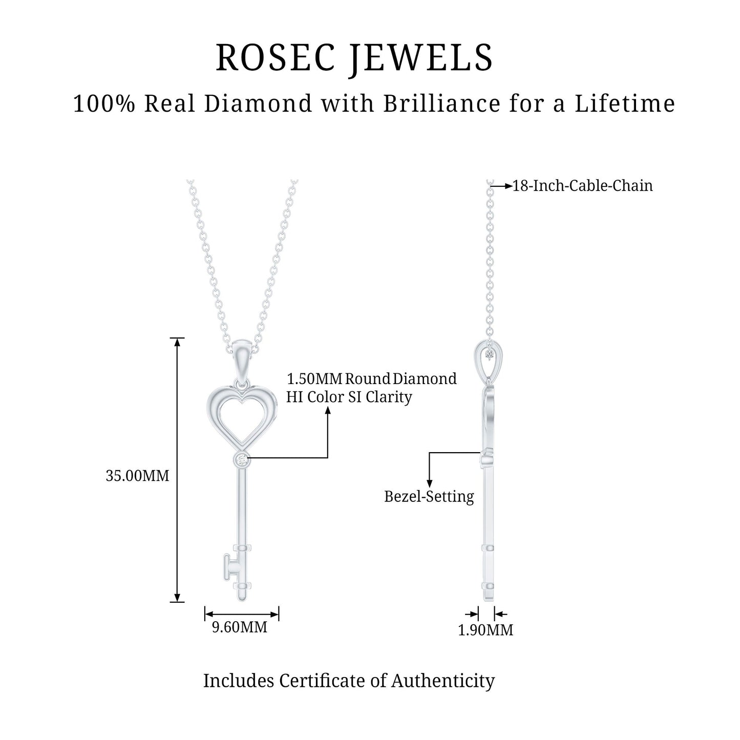 Diamond Heart Key Pendant Necklace For Women