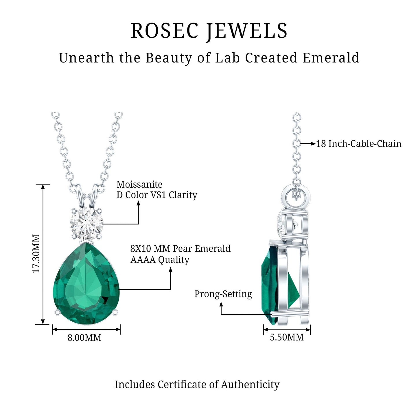 Lab Grown Emerald Teardrop Pendant with Moissanite