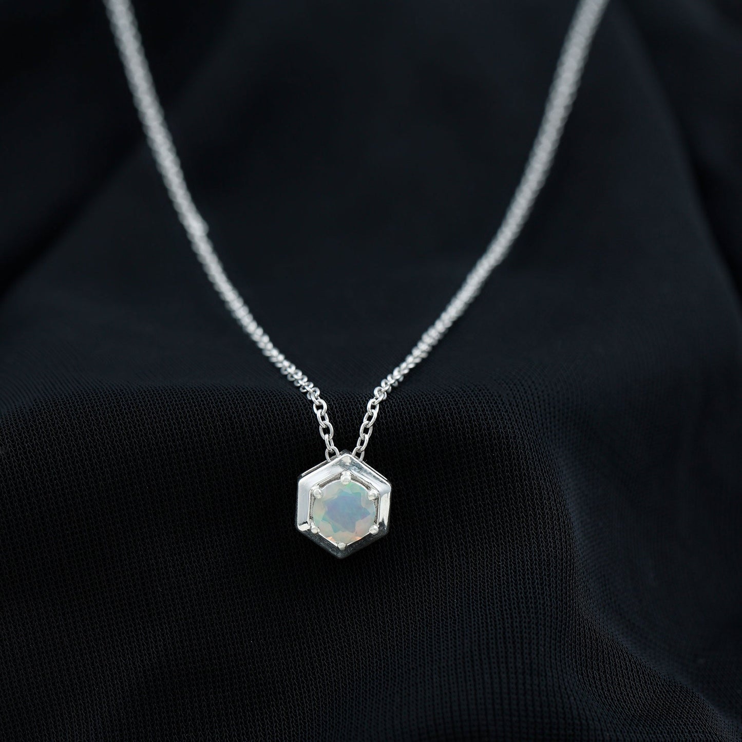 Solitaire Ethiopian Opal Hexagon Pendant Necklace