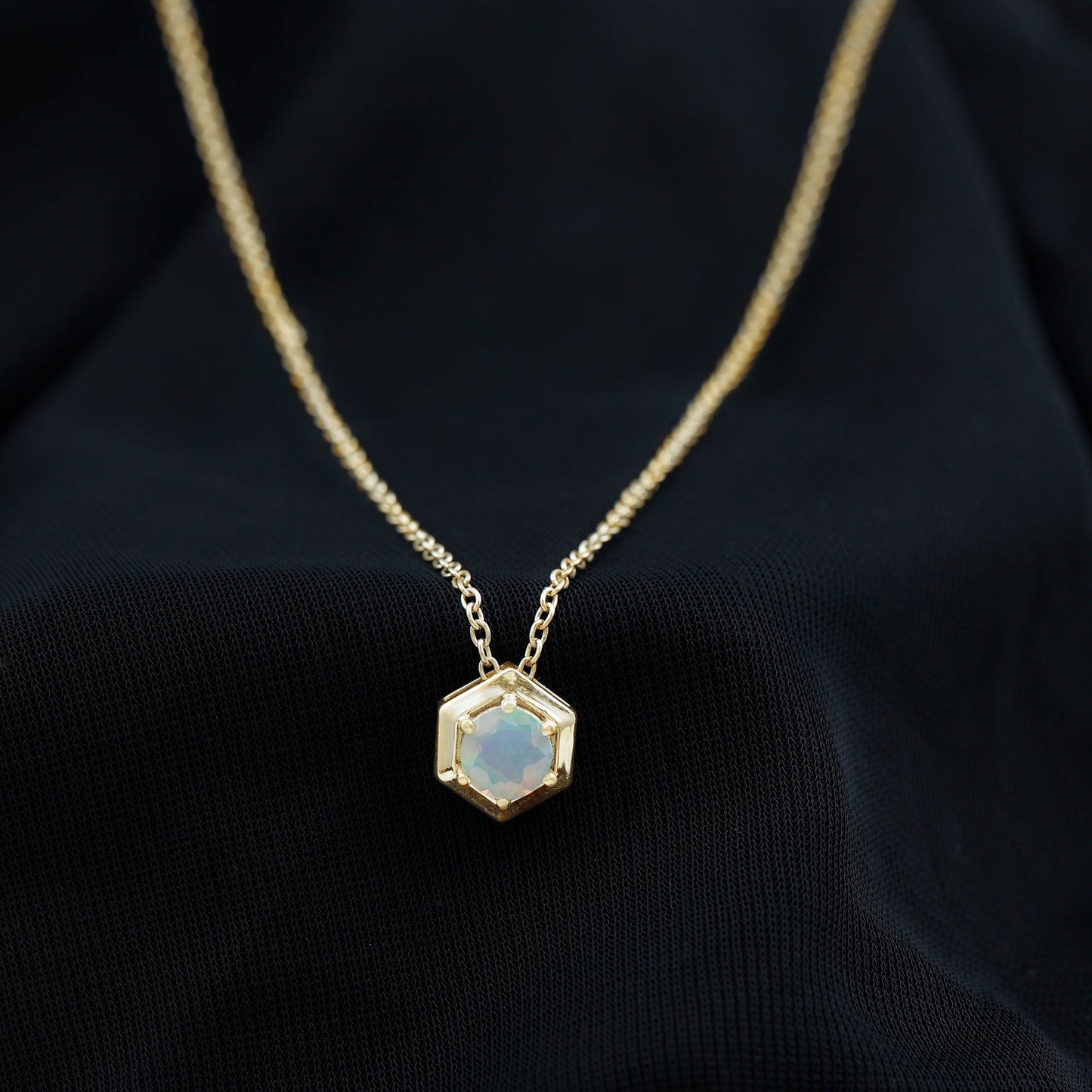 Solitaire Ethiopian Opal Hexagon Pendant Necklace